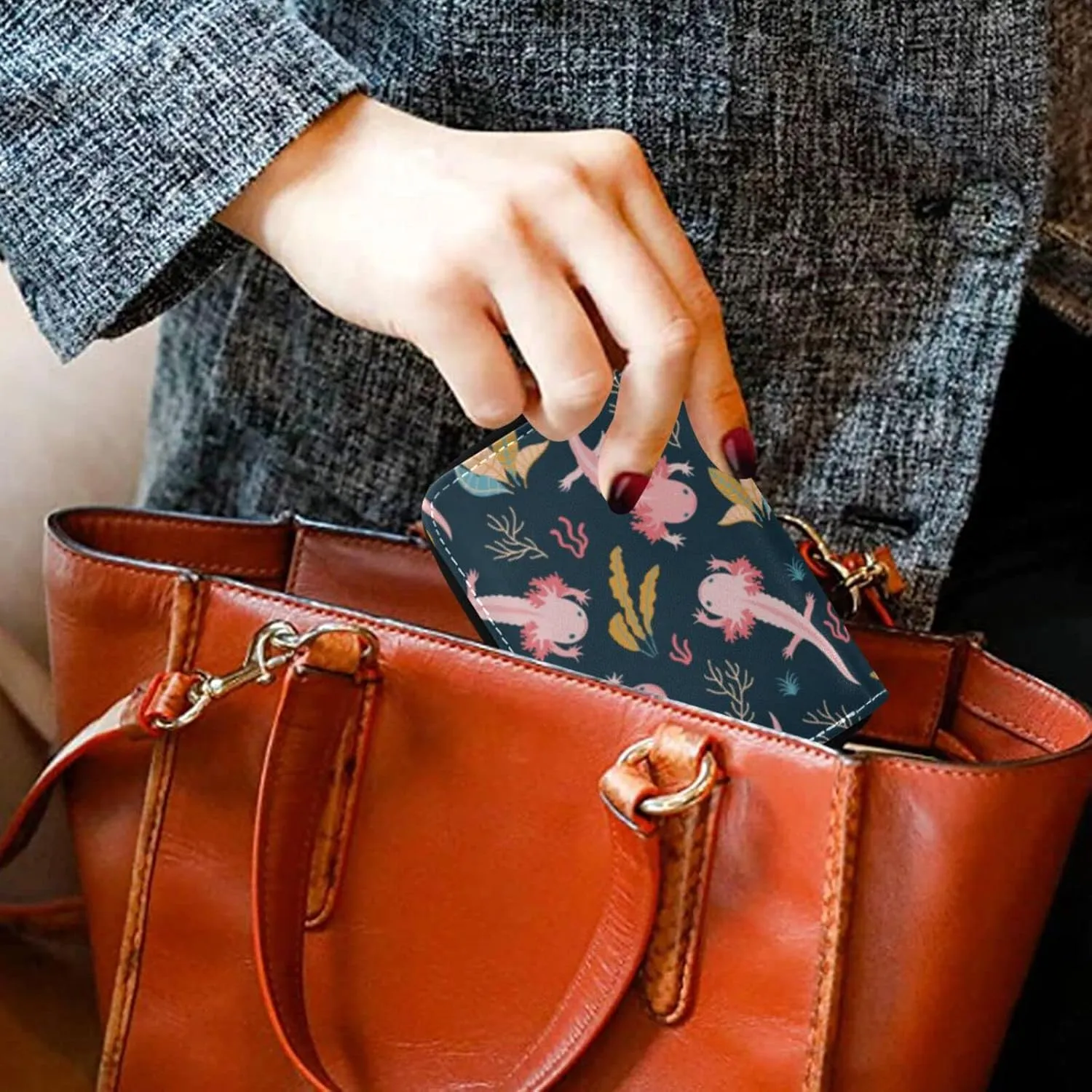 Cute Axolotl RFID Credit Card Holder Wallets Accordion for Women Leather Zipper Card Case Accordion Wallet for Ladies Girls