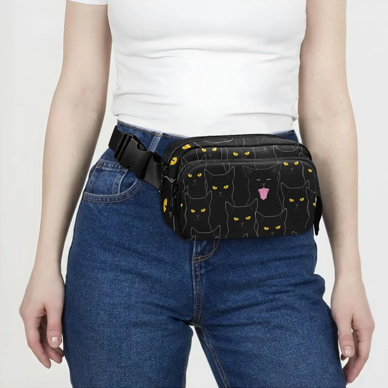 Cute Black Cats Fanny Packs for Women Men Crossbody Bag Fashion Waist Packs Waterproof Sling Bag Belt Bag Waist Pouch with Adjustable Strap for Valentines Day Gifts Trip Hiking Running Bum Bag