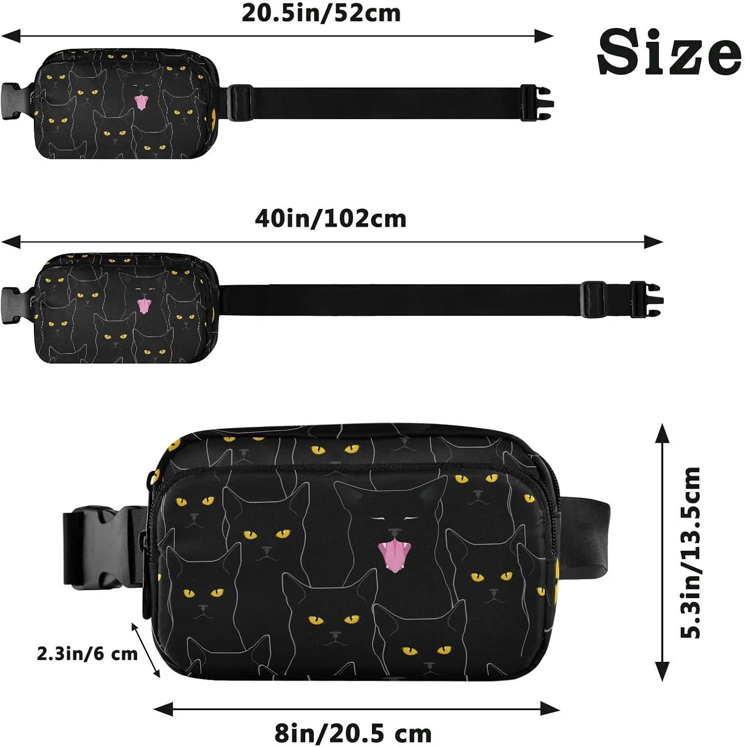 Cute Black Cats Fanny Packs for Women Men Crossbody Bag Fashion Waist Packs Waterproof Sling Bag Belt Bag Waist Pouch with Adjustable Strap for Valentines Day Gifts Trip Hiking Running Bum Bag