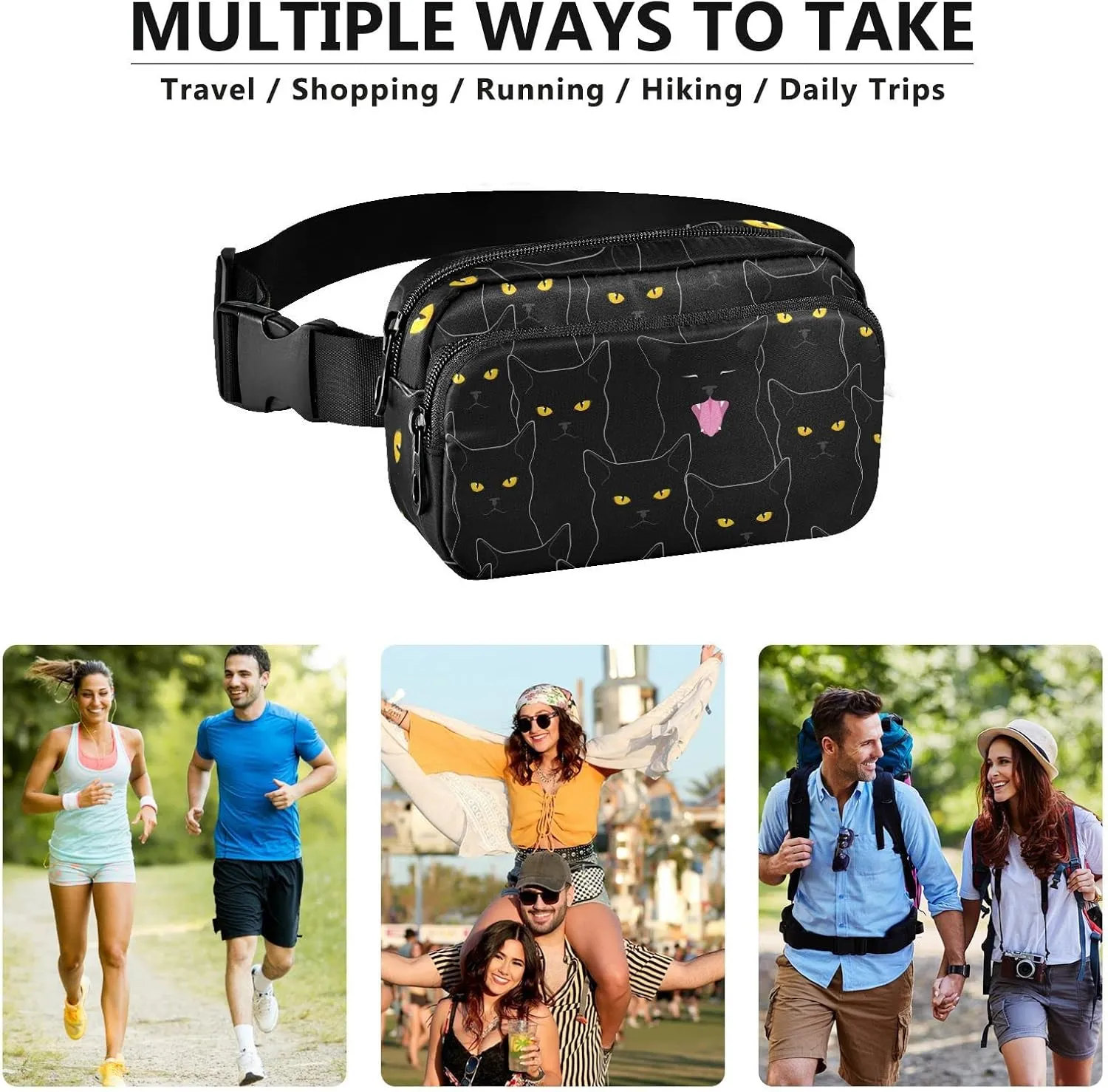 Cute Black Cats Fanny Packs for Women Men Crossbody Bag Fashion Waist Packs Waterproof Sling Bag Belt Bag Waist Pouch with Adjustable Strap for Valentines Day Gifts Trip Hiking Running Bum Bag