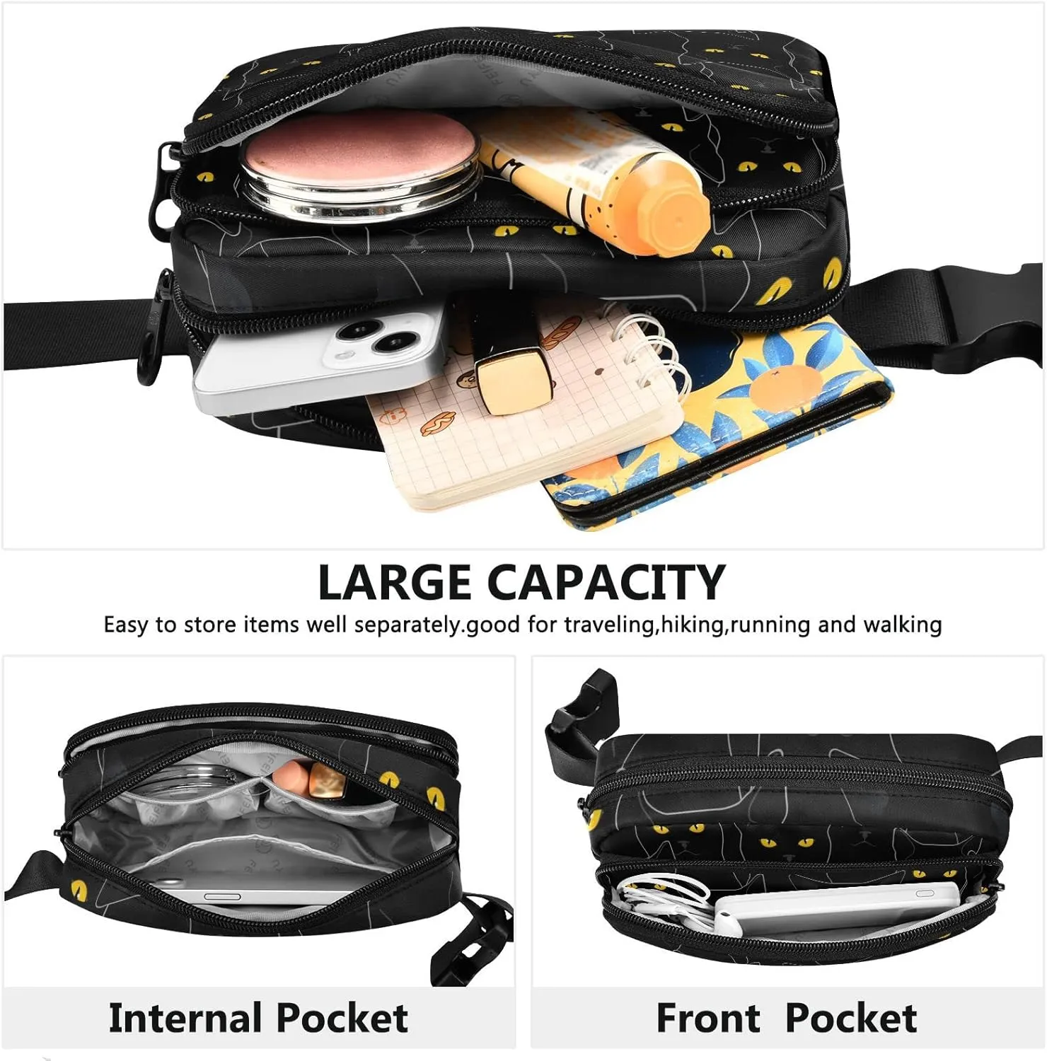 Cute Black Cats Fanny Packs for Women Men Crossbody Bag Fashion Waist Packs Waterproof Sling Bag Belt Bag Waist Pouch with Adjustable Strap for Valentines Day Gifts Trip Hiking Running Bum Bag