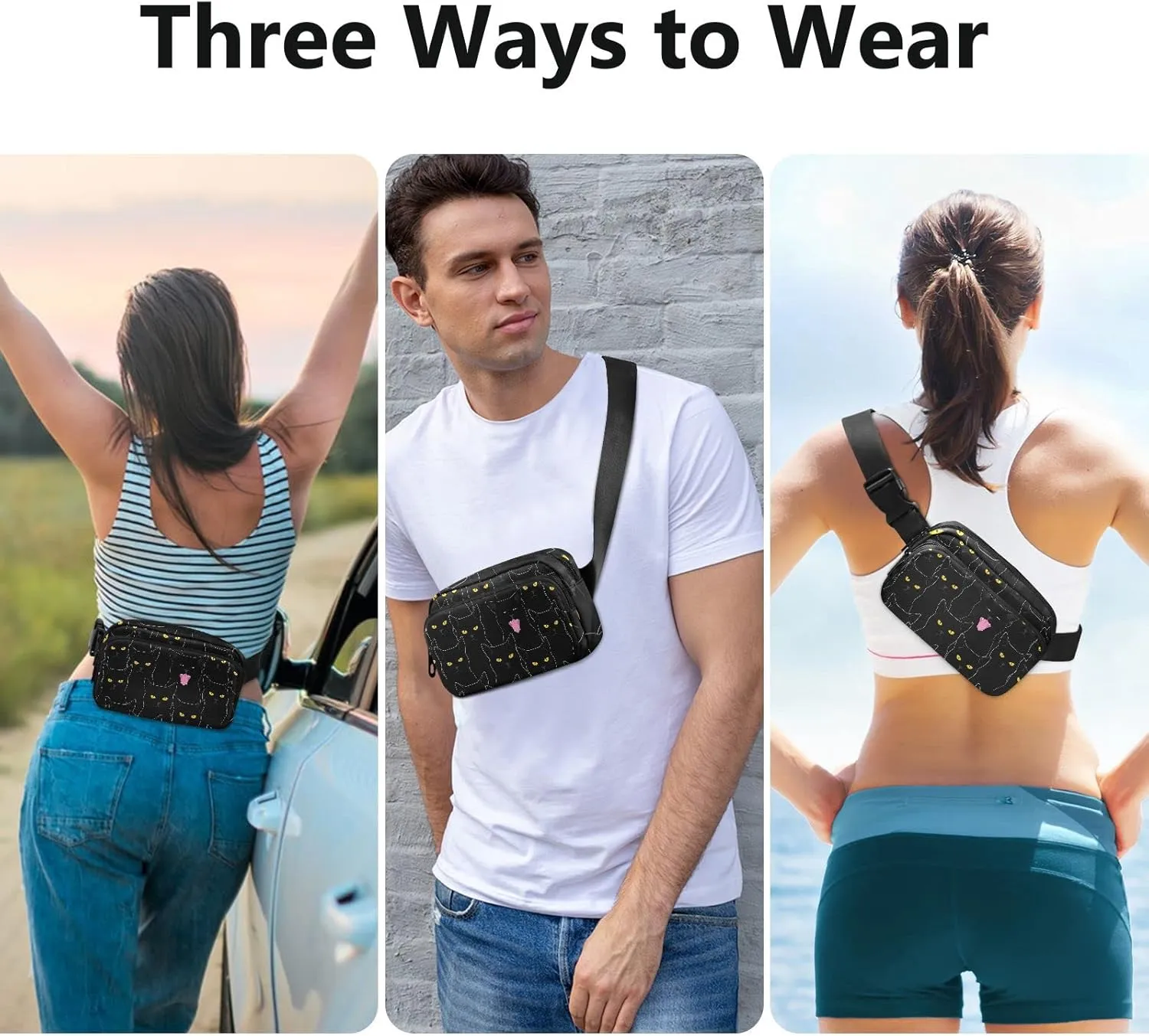 Cute Black Cats Fanny Packs for Women Men Crossbody Bag Fashion Waist Packs Waterproof Sling Bag Belt Bag Waist Pouch with Adjustable Strap for Valentines Day Gifts Trip Hiking Running Bum Bag