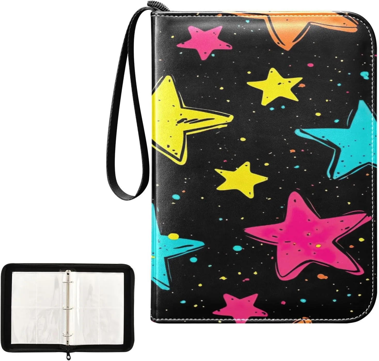 Cute Colorful Stars Collectible Trading Card Albums, Waterproof PU Card Collection Binder Fits 400 Cards with Removable Sleeves for Baseball Card, Football Card