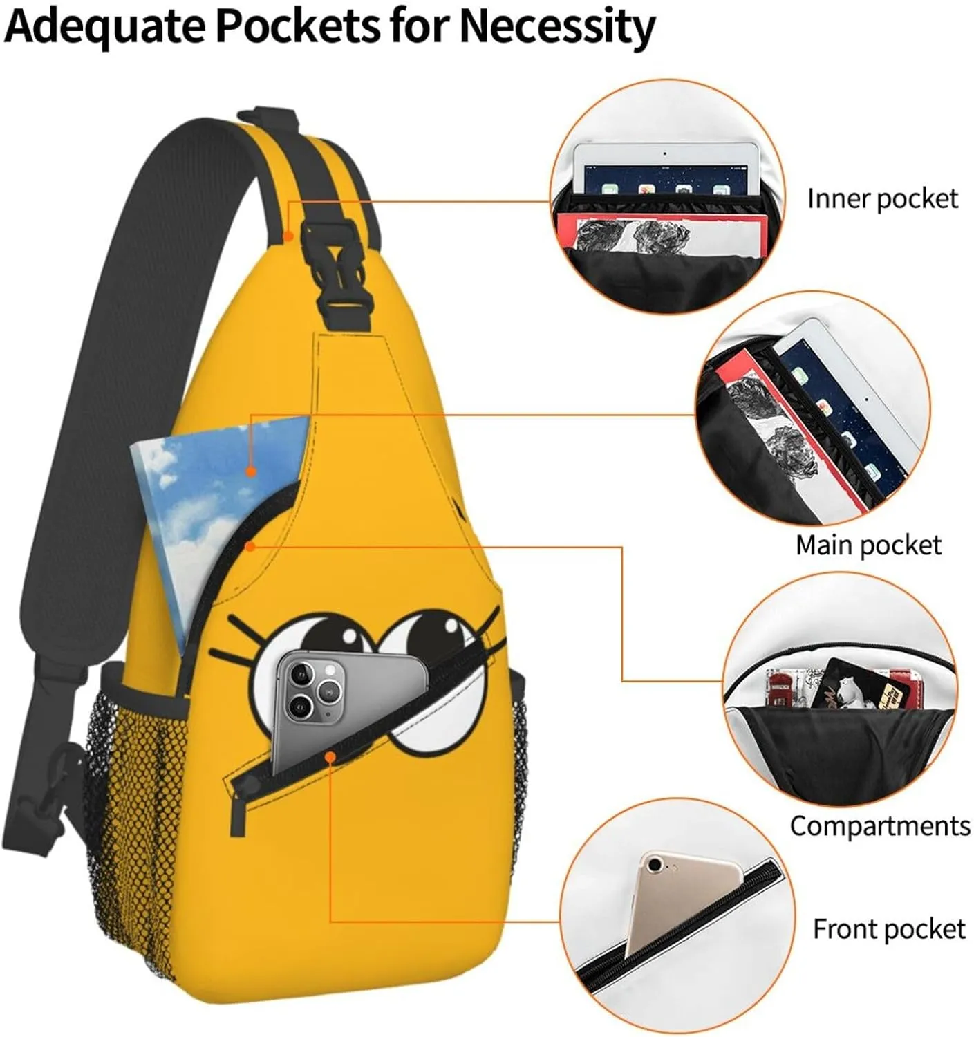 Cute Funny Cartoon Sketch Eyes Crossbody Bag Cross Chest Bag Adjustable Sling Backpack Sports Gym Shoulder Bags Travel Cycling Daypack Diagonally Casual Rucksack