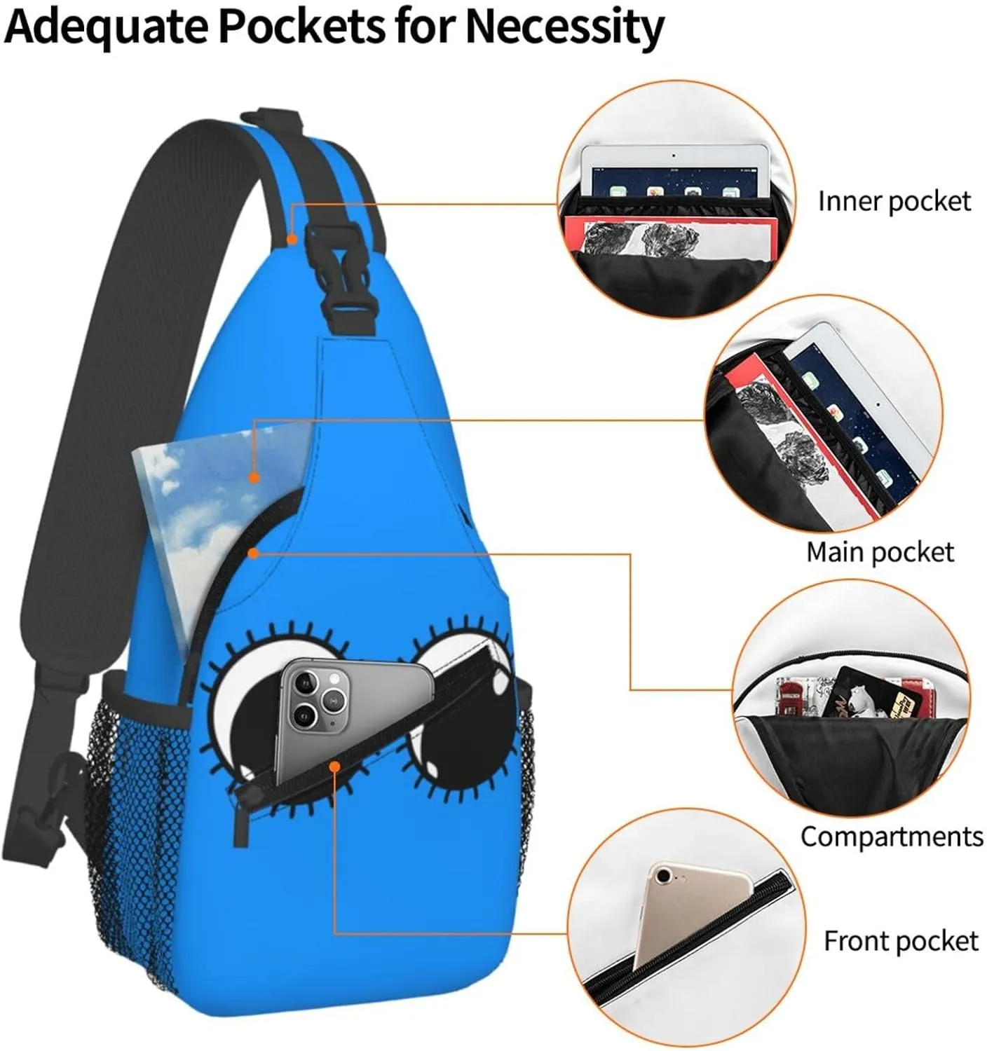Cute Funny Cartoon Sketch Eyes Crossbody Bag Cross Chest Bag Adjustable Sling Backpack Sports Gym Shoulder Bags Travel Cycling Daypack Diagonally Casual Rucksack