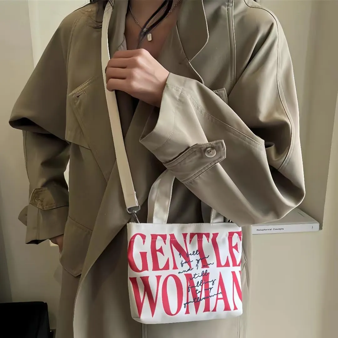 Cute Gentle Woman Crossbody Tote Bag Canvas Handheld Shoulder Bag with Portable Handles Office Travel Essentials