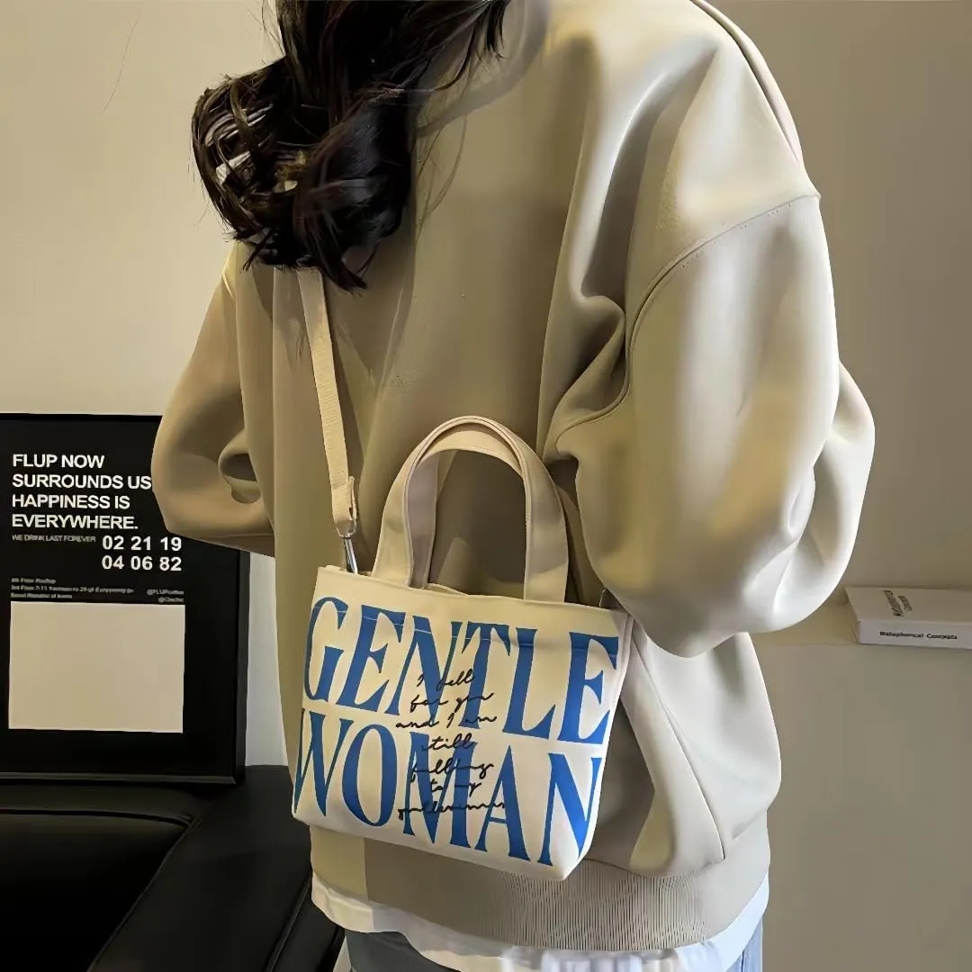 Cute Gentle Woman Crossbody Tote Bag Canvas Handheld Shoulder Bag with Portable Handles Office Travel Essentials