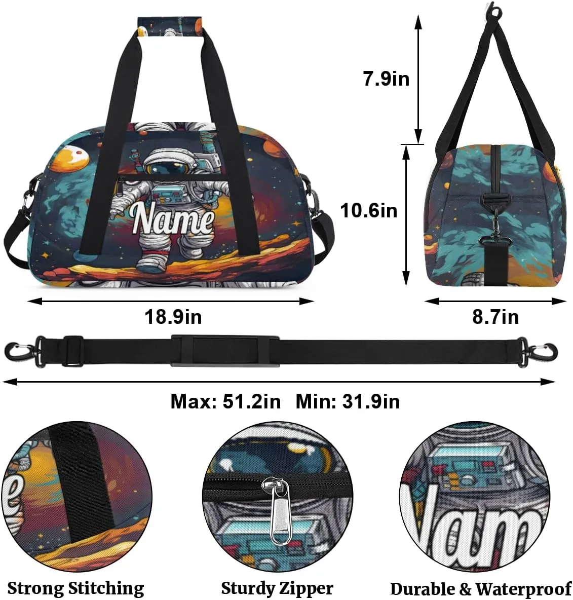 Cute Planet Astronaut Personalized Dance Bag for Girls Boys Sport Duffel Bag with Your Name Kids Gymnastics Travel Bags