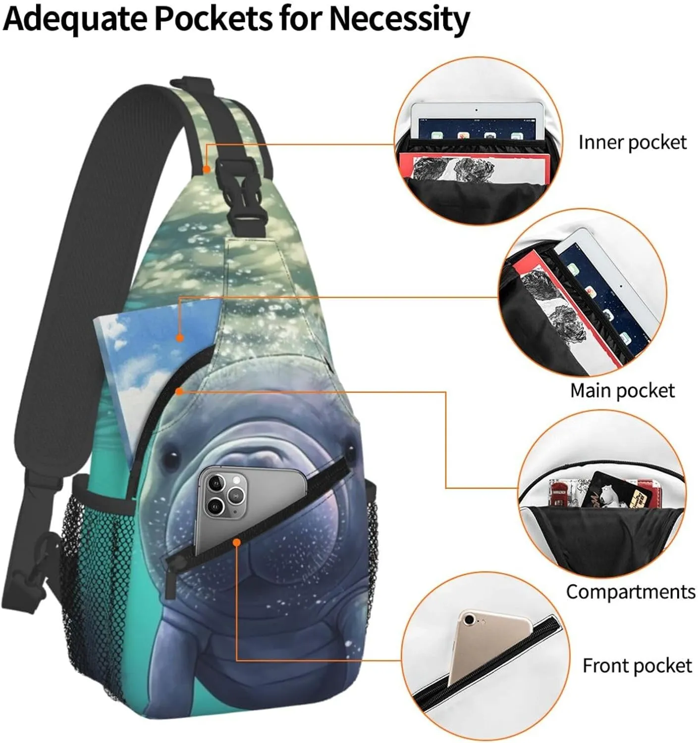 Cute Sea Animal Manatee Sling Bag Backpack For Men Cross Chest Bag Crossbody Shoulder Bag Travel Hiking Daypack