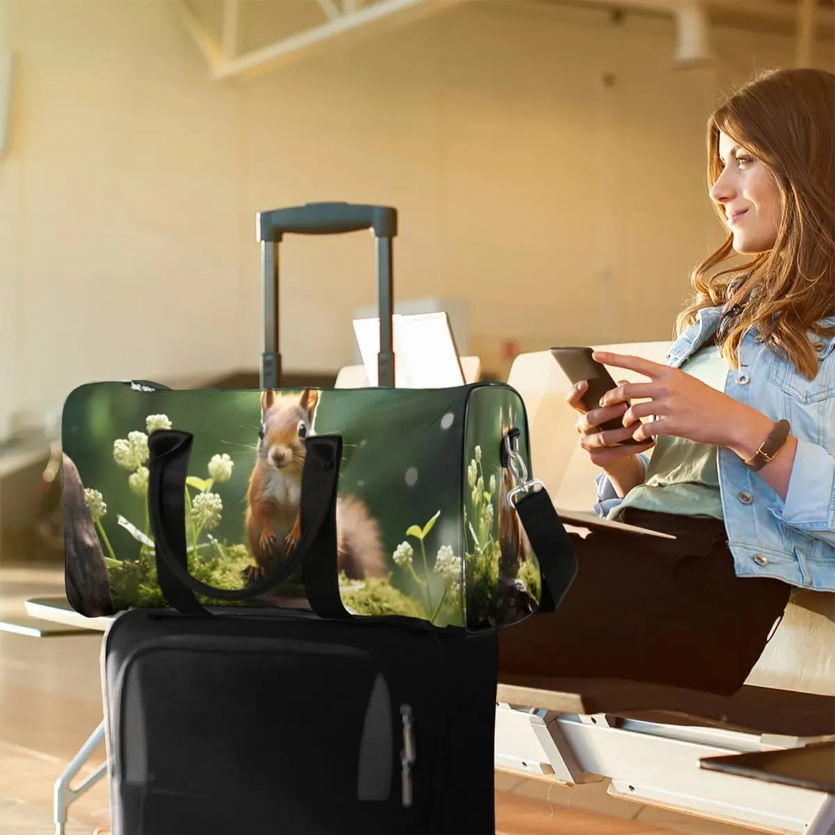 Cute Squirrel Travel Duffel Bag for Women Men Waterproof Foldable Overnight Weekender Bag Large Capacity Sports Gym Bag
