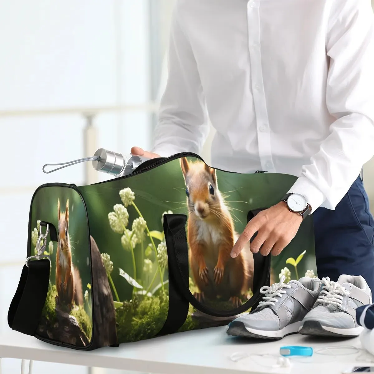 Cute Squirrel Travel Duffel Bag for Women Men Waterproof Foldable Overnight Weekender Bag Large Capacity Sports Gym Bag