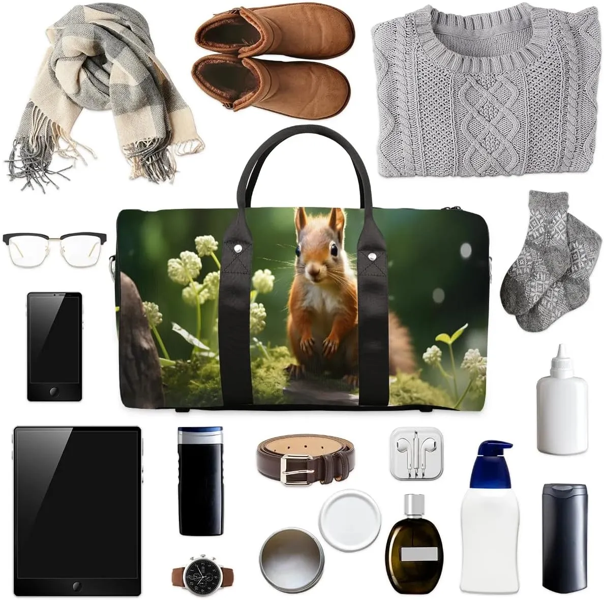 Cute Squirrel Travel Duffel Bag for Women Men Waterproof Foldable Overnight Weekender Bag Large Capacity Sports Gym Bag