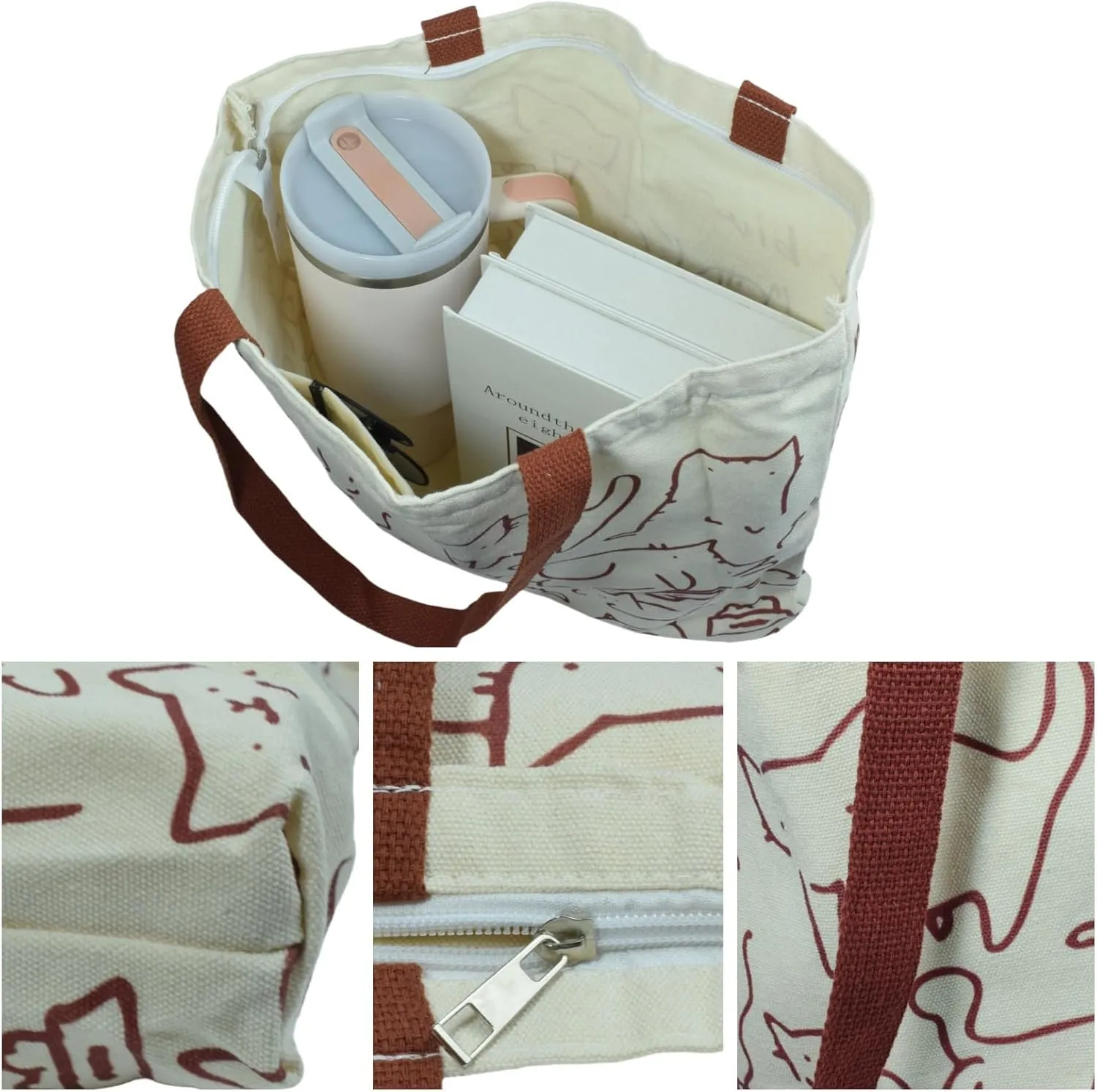 Cute Tote Bag for Women with Zipper, Funny Purse with Cats Dogs Large Canvas Shoulder Bag Handbag