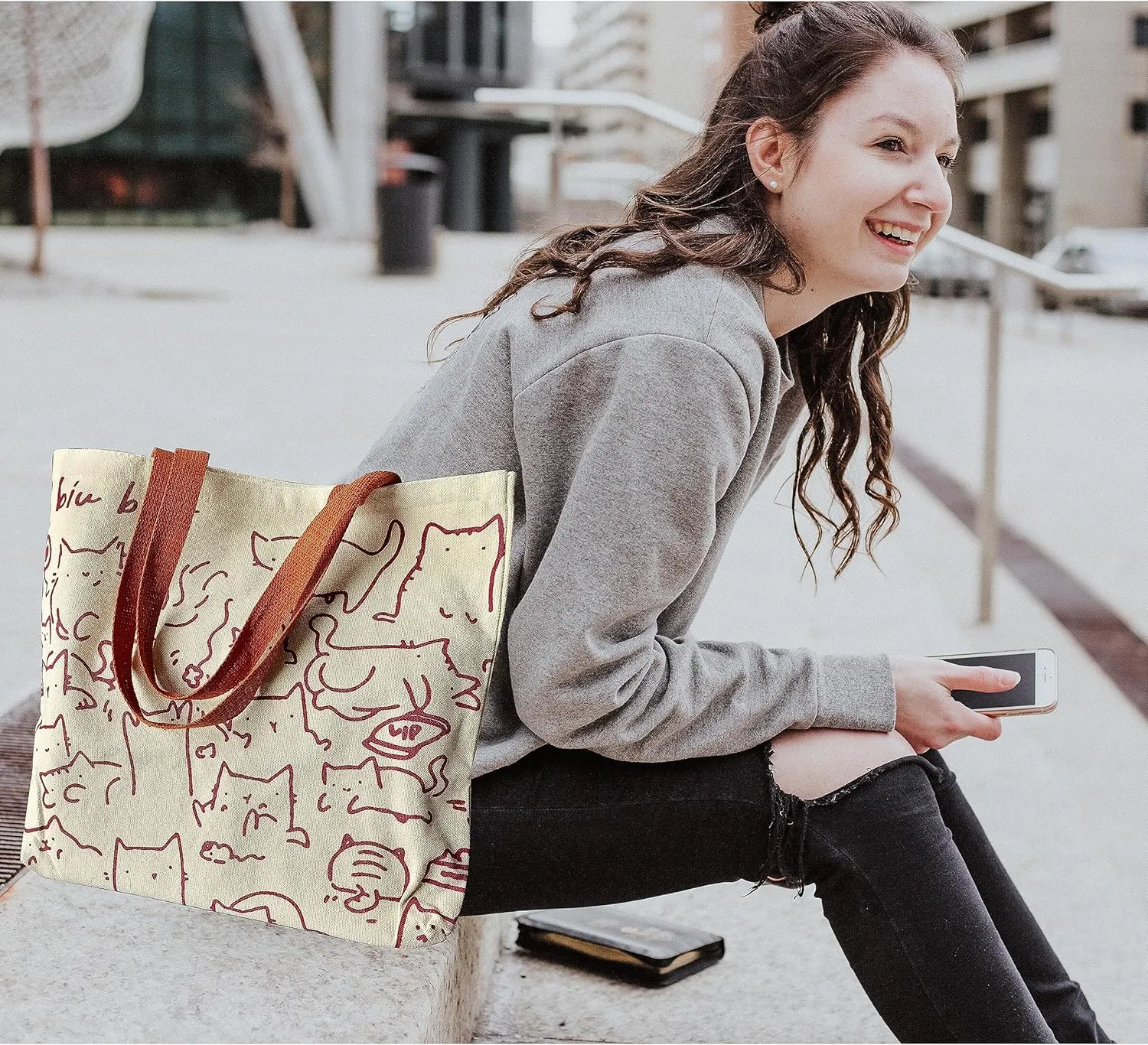 Cute Tote Bag for Women with Zipper, Funny Purse with Cats Dogs Large Canvas Shoulder Bag Handbag
