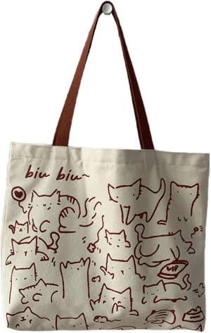 Cute Tote Bag for Women with Zipper, Funny Purse with Cats Dogs Large Canvas Shoulder Bag Handbag