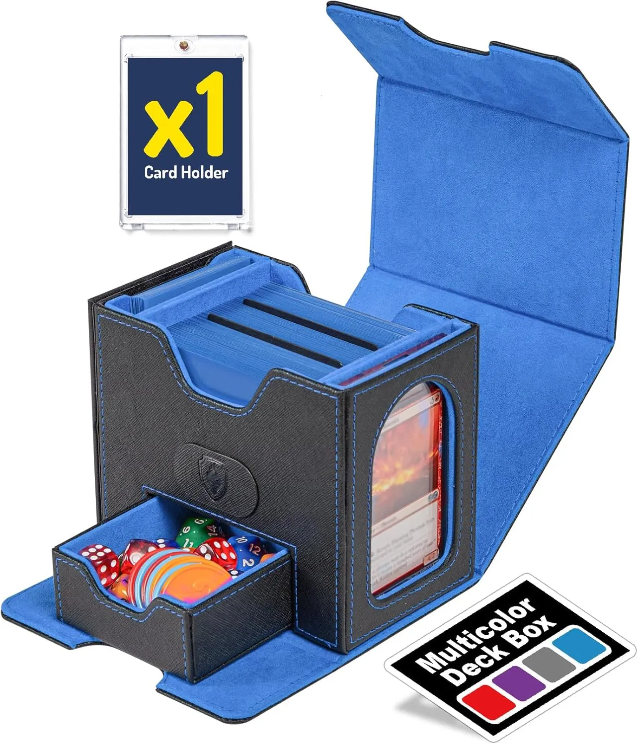Deck Box for MTG Commander, 4-in-1 Magic Card Storage Box, Commander Display, Fits 100 Double-Sleeved Cards, Large Card Box for Magic the Gathering with 2 Divider & 35pt Holder, Blue