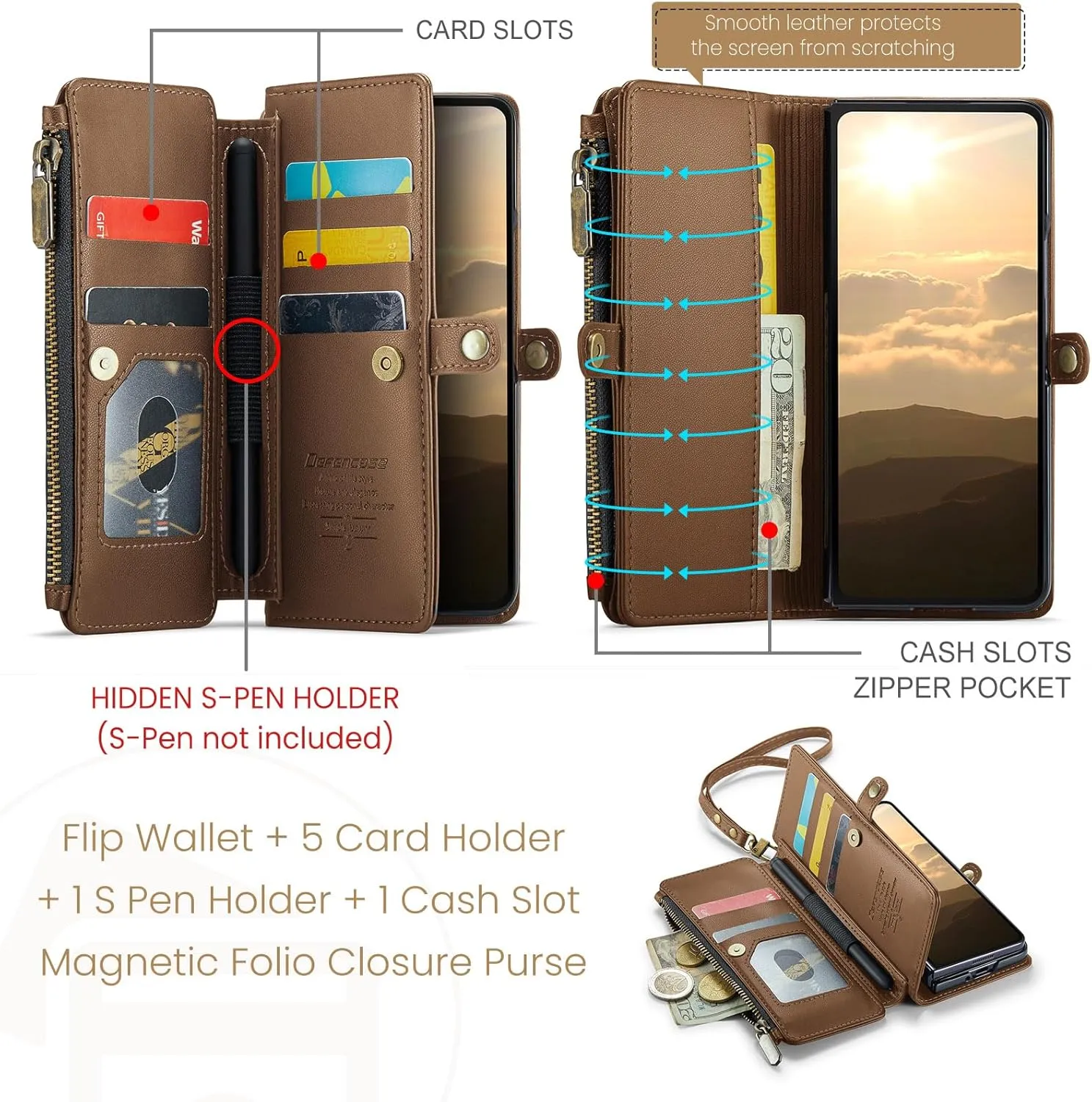 Defencase Wallet Case Compatible with Samsung Galaxy Z Fold 3 with RFID Blocking Card Holder & S Pen Holder Slot PU Leather Magnetic Snap Flip Zipper Strap Phone Case Fit for Galaxy Z Fold 3, Brown