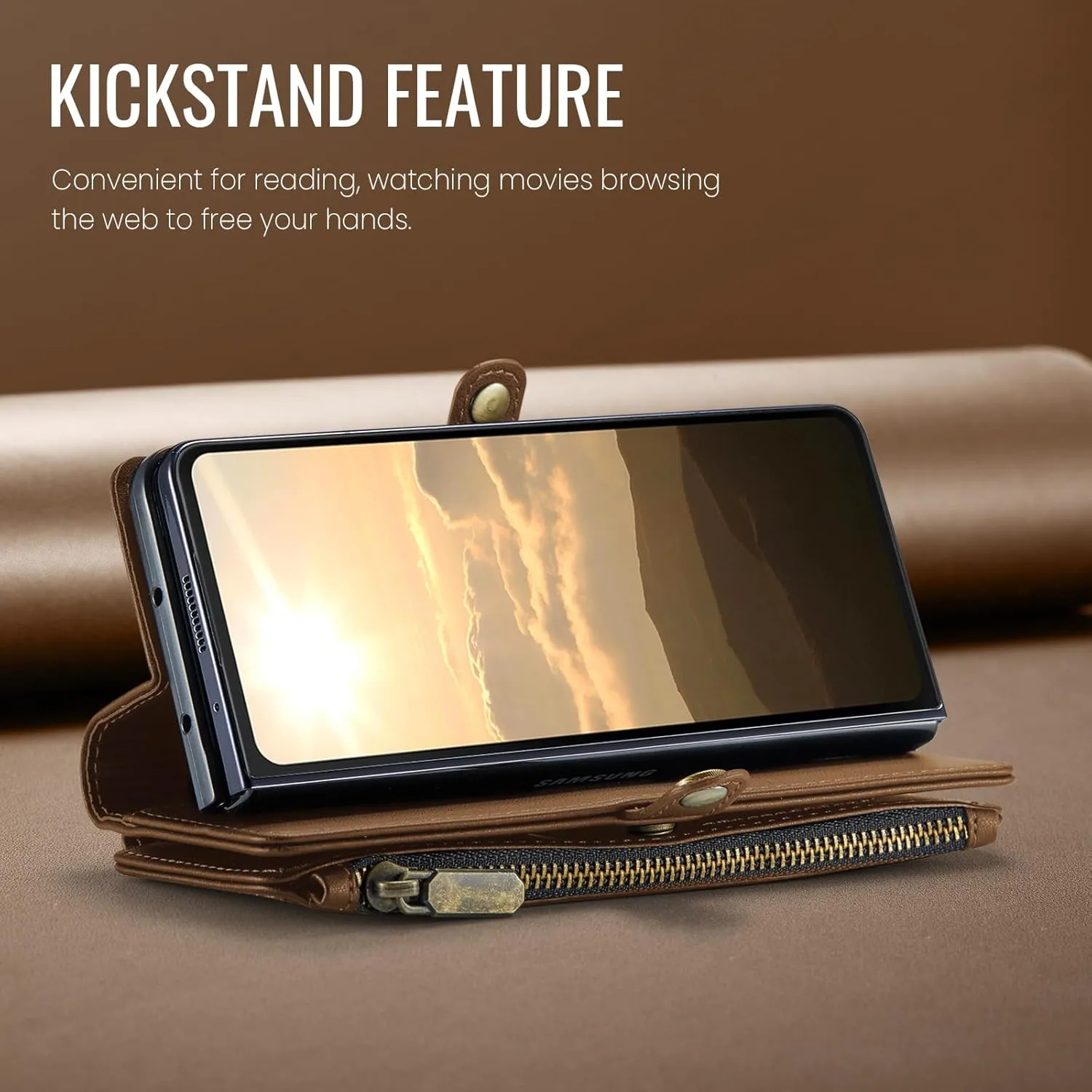 Defencase Wallet Case Compatible with Samsung Galaxy Z Fold 3 with RFID Blocking Card Holder & S Pen Holder Slot PU Leather Magnetic Snap Flip Zipper Strap Phone Case Fit for Galaxy Z Fold 3, Brown