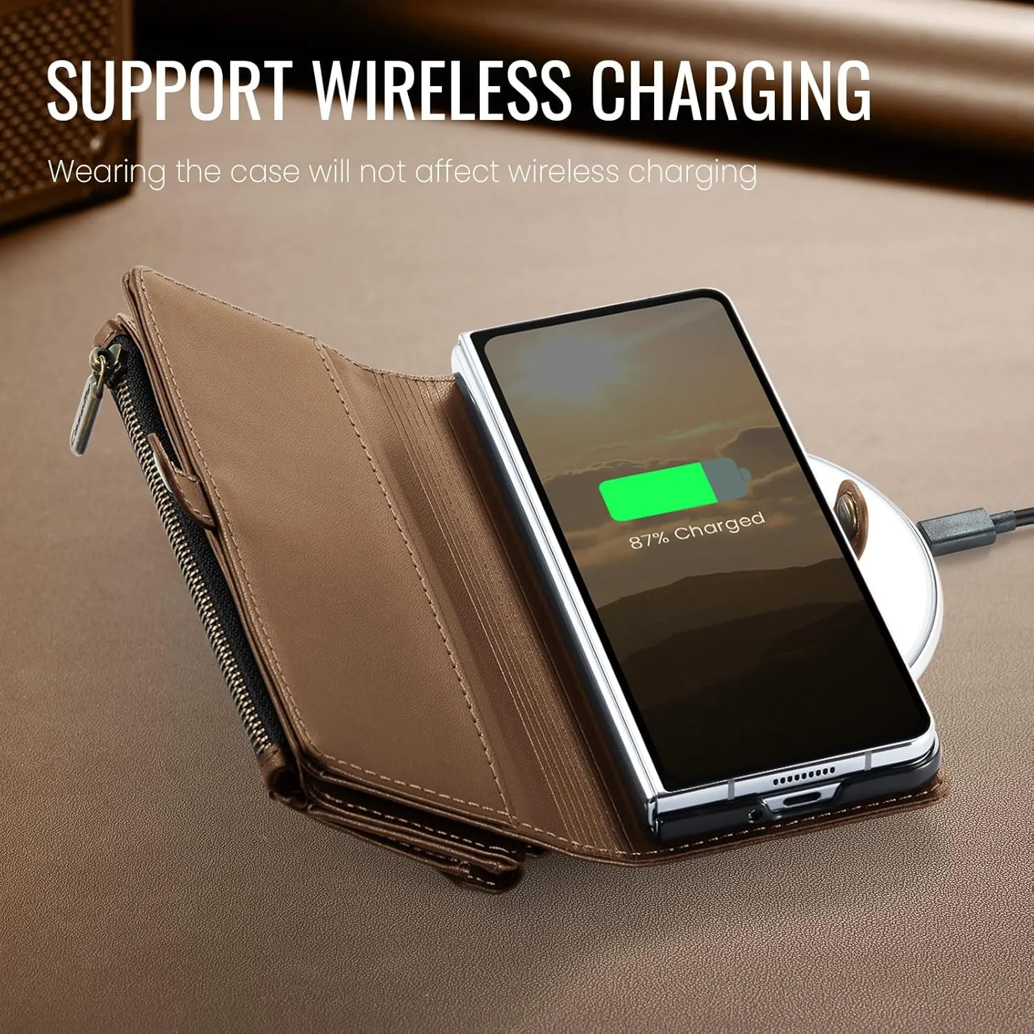 Defencase Wallet Case Compatible with Samsung Galaxy Z Fold 3 with RFID Blocking Card Holder & S Pen Holder Slot PU Leather Magnetic Snap Flip Zipper Strap Phone Case Fit for Galaxy Z Fold 3, Brown