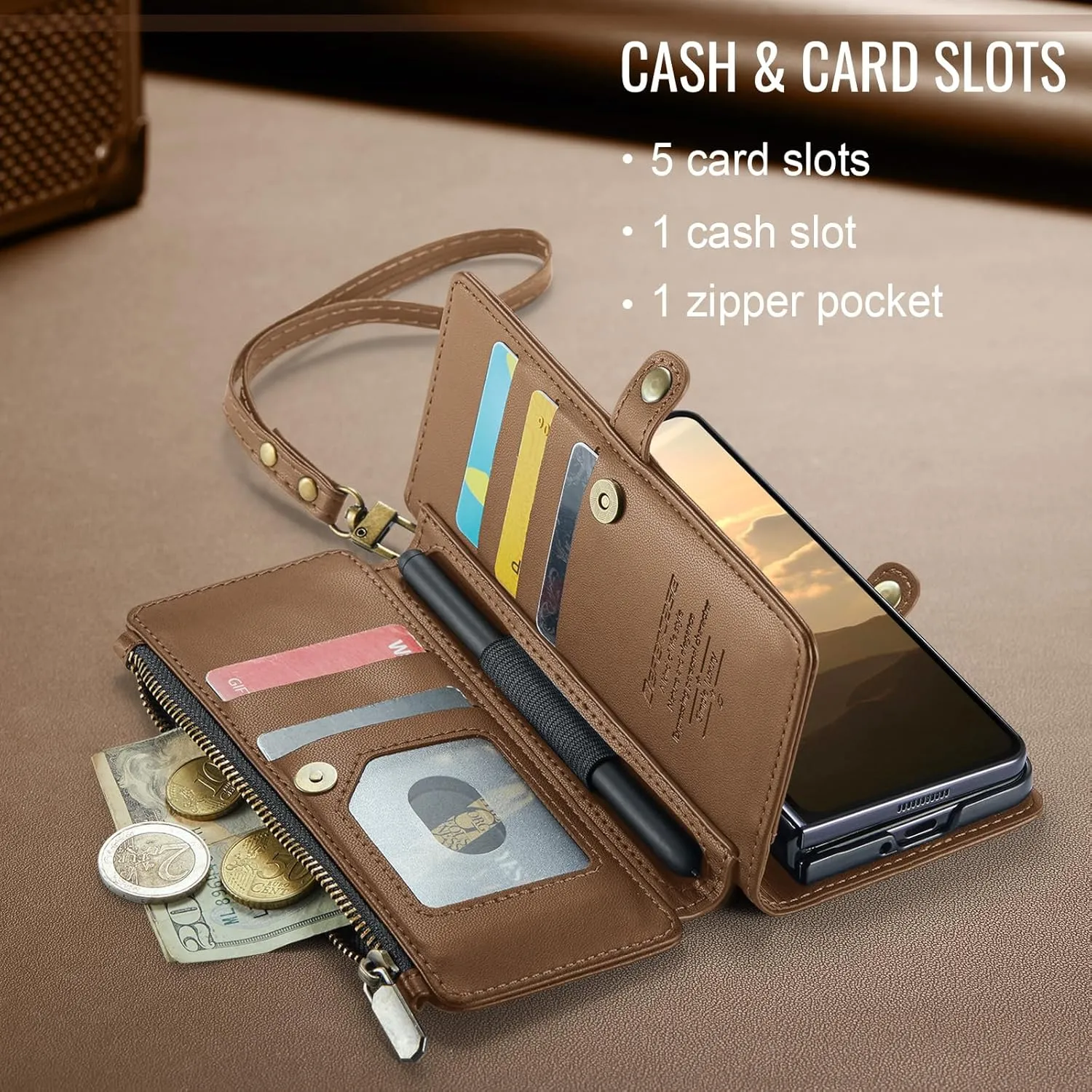 Defencase Wallet Case Compatible with Samsung Galaxy Z Fold 3 with RFID Blocking Card Holder & S Pen Holder Slot PU Leather Magnetic Snap Flip Zipper Strap Phone Case Fit for Galaxy Z Fold 3, Brown