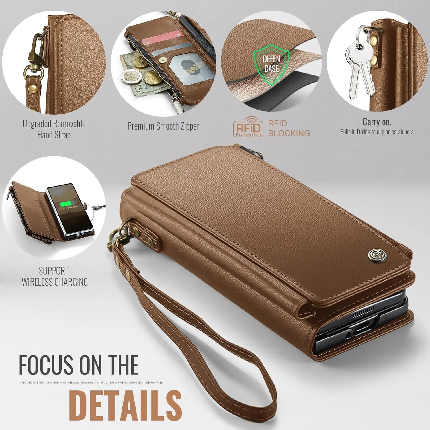 Defencase Wallet Case Compatible with Samsung Galaxy Z Fold 3 with RFID Blocking Card Holder & S Pen Holder Slot PU Leather Magnetic Snap Flip Zipper Strap Phone Case Fit for Galaxy Z Fold 3, Brown