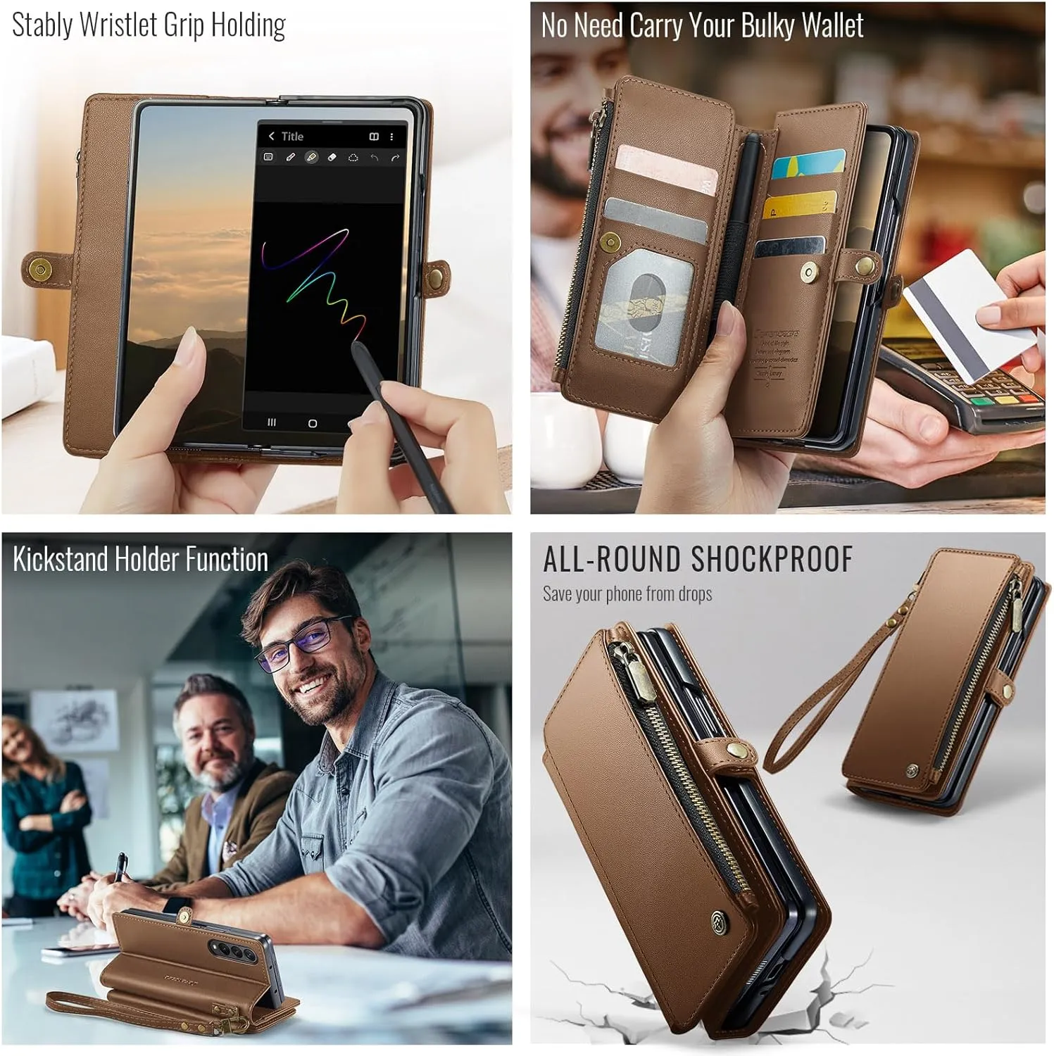 Defencase Wallet Case Compatible with Samsung Galaxy Z Fold 3 with RFID Blocking Card Holder & S Pen Holder Slot PU Leather Magnetic Snap Flip Zipper Strap Phone Case Fit for Galaxy Z Fold 3, Brown