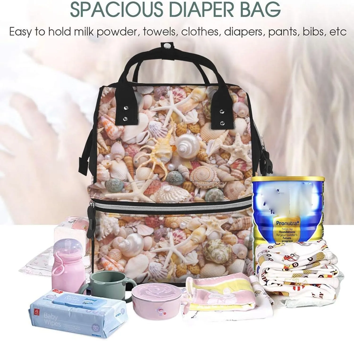 Diaper Bag Backpack For Women, Colorful Seashells Waterproof Multifunction Travel Pack Maternity Baby Changing Bags, Nappy Baby Bags With Multi-Function For Baby