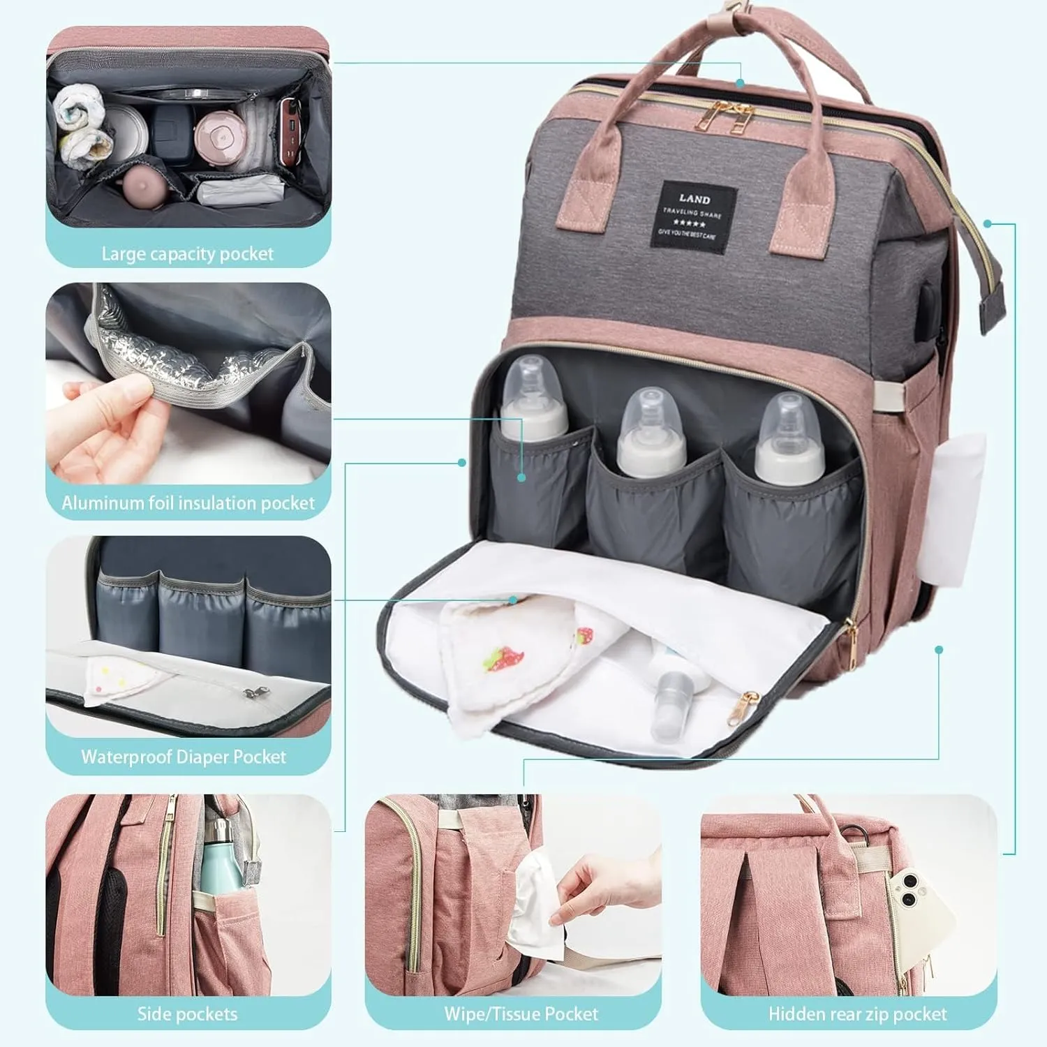 Diaper Dag with changing station, Diaper Bag Backpack, Multi-functional Travel Bag, Waterproof Diaper Bag, Baby Diaper Bag, Baby Bag for Boys and Girls, Pink