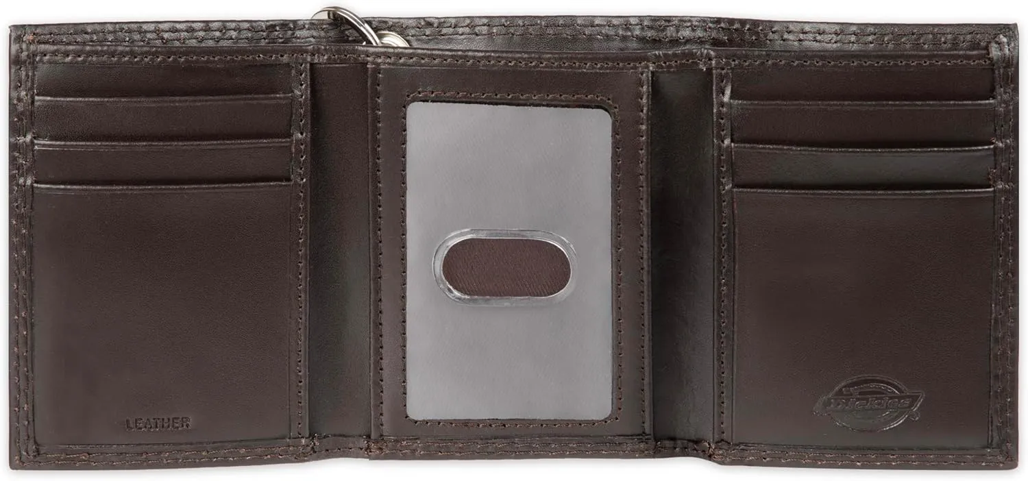 Dickies Men's Compact Leather Trifold Chain Wallet-Clear Id Window, Credit Card Slots