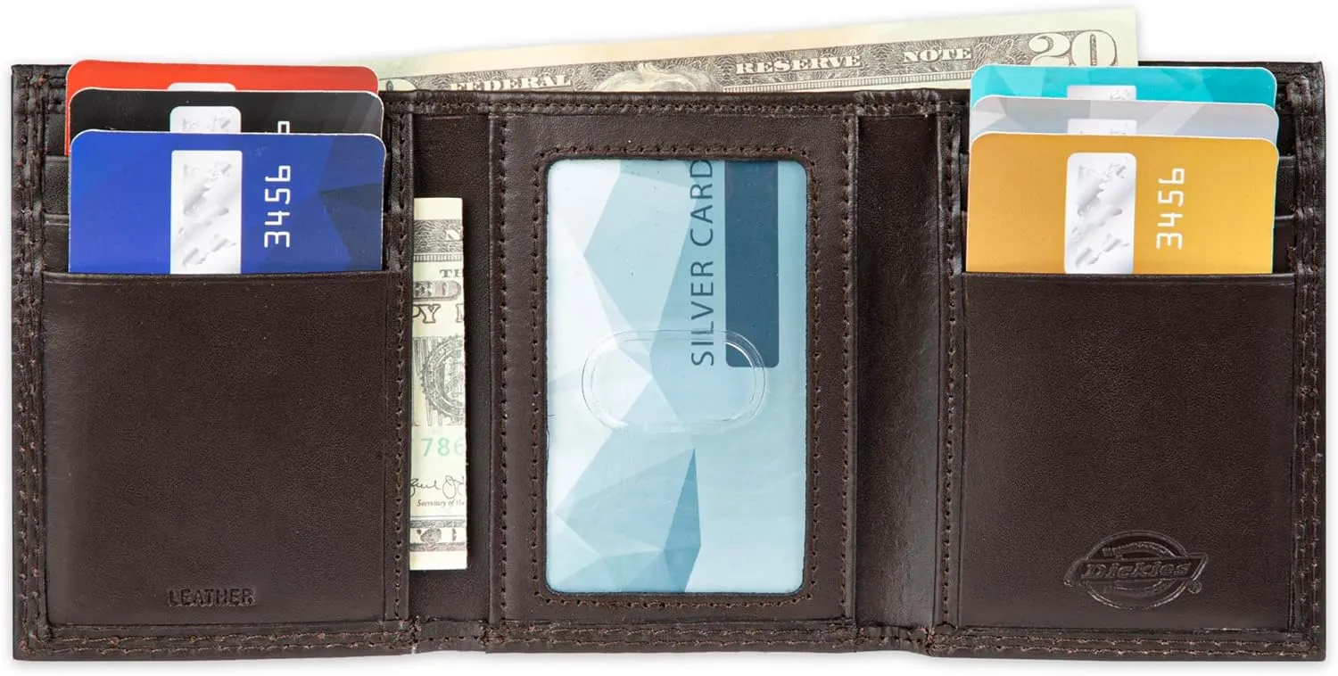 Dickies Men's Compact Leather Trifold Chain Wallet-Clear Id Window, Credit Card Slots