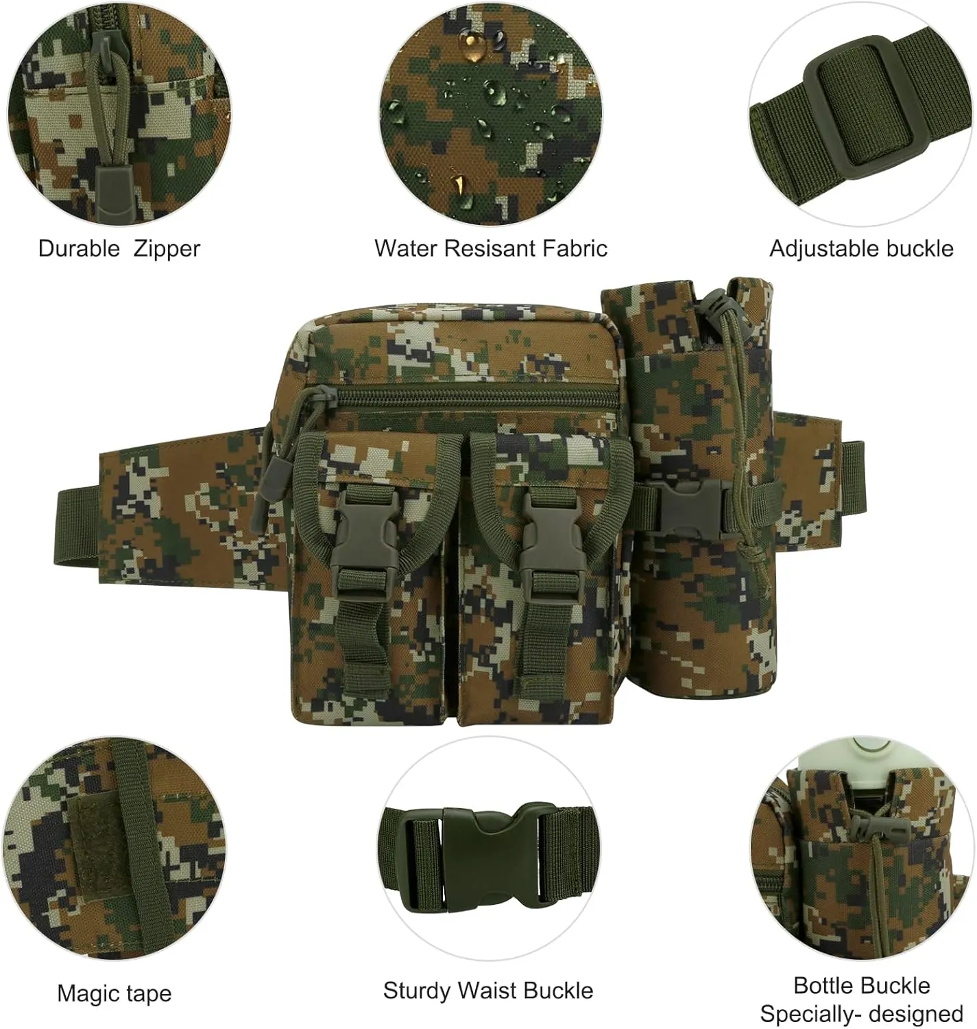 DOB SECHS Hiking Waist Bag with Detachable Water Bottle Holder and Adjustable Waist Belt Oxford Fanny Pack for Men Women Causal Belt Bag for Travel Outdoor Fishing Running Hiking Hunting,Camouflage