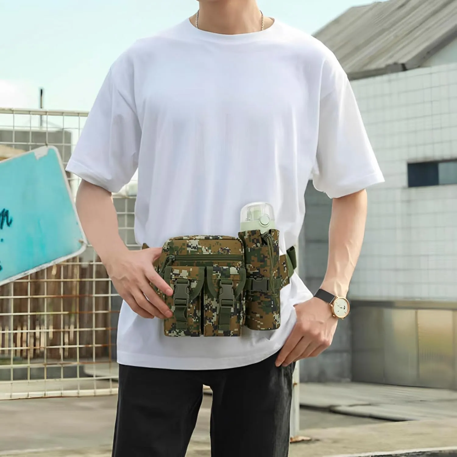 DOB SECHS Hiking Waist Bag with Detachable Water Bottle Holder and Adjustable Waist Belt Oxford Fanny Pack for Men Women Causal Belt Bag for Travel Outdoor Fishing Running Hiking Hunting,Camouflage