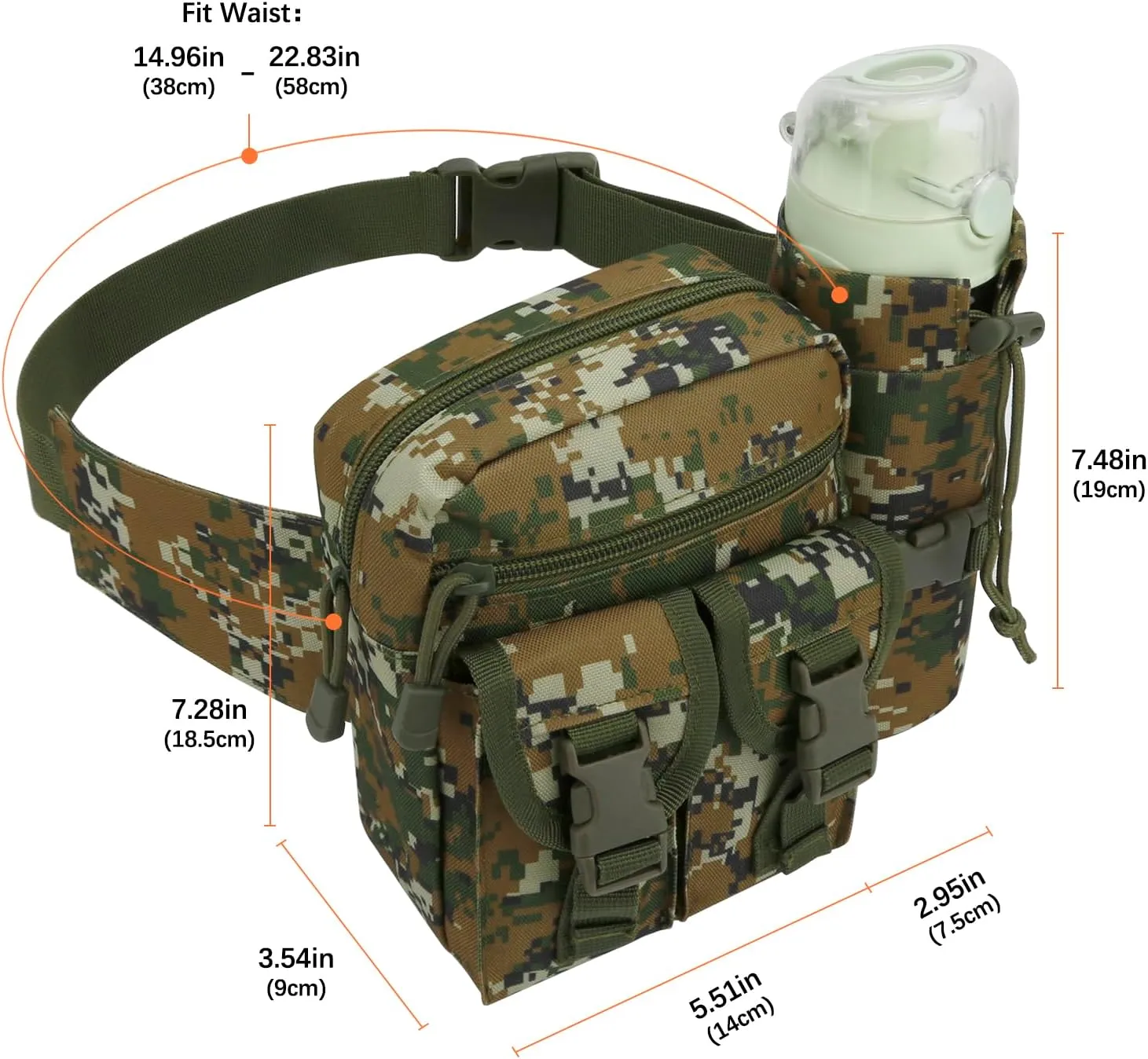 DOB SECHS Hiking Waist Bag with Detachable Water Bottle Holder and Adjustable Waist Belt Oxford Fanny Pack for Men Women Causal Belt Bag for Travel Outdoor Fishing Running Hiking Hunting,Camouflage