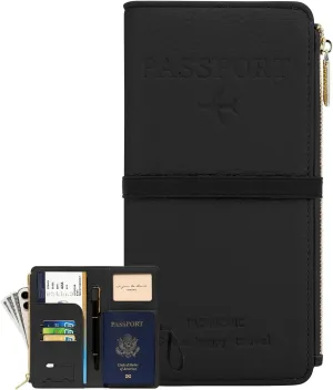 DOB SECHS Passport Holder for Travel Women Leather Passport Wallet RFID Blocking Passport Cover Case with Card Slots, Slim Travel Document Organizer Pouch Bag Zipper Cash Pocket Purse ID Window, Black