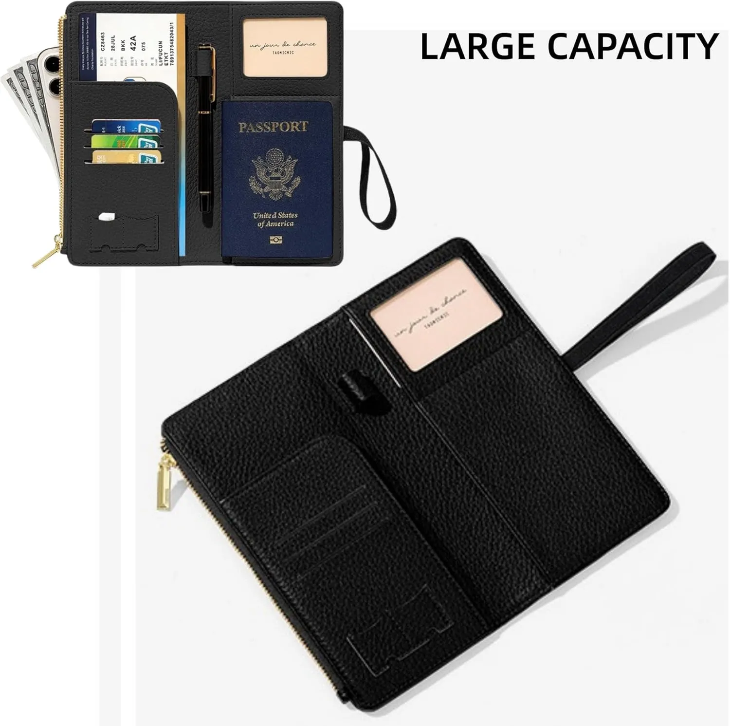 DOB SECHS Passport Holder for Travel Women Leather Passport Wallet RFID Blocking Passport Cover Case with Card Slots, Slim Travel Document Organizer Pouch Bag Zipper Cash Pocket Purse ID Window, Black