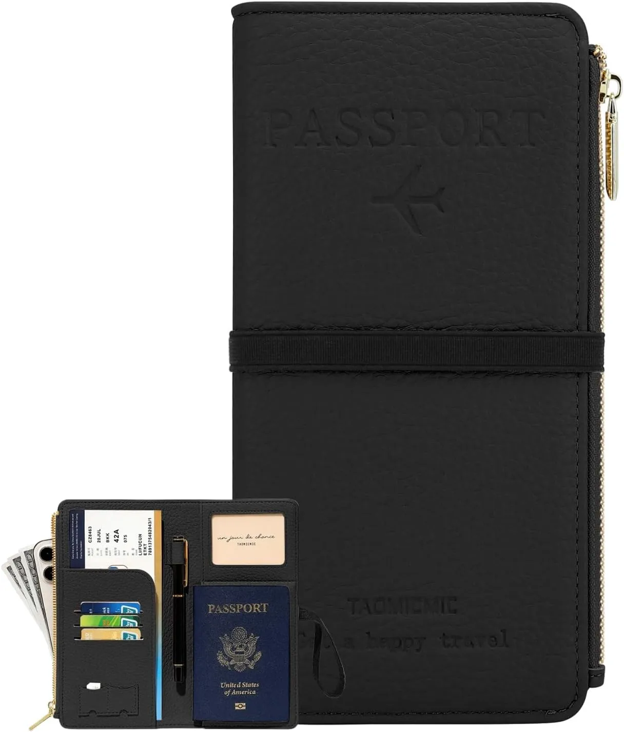 DOB SECHS Passport Holder for Travel Women Leather Passport Wallet RFID Blocking Passport Cover Case with Card Slots, Slim Travel Document Organizer Pouch Bag Zipper Cash Pocket Purse ID Window, Black