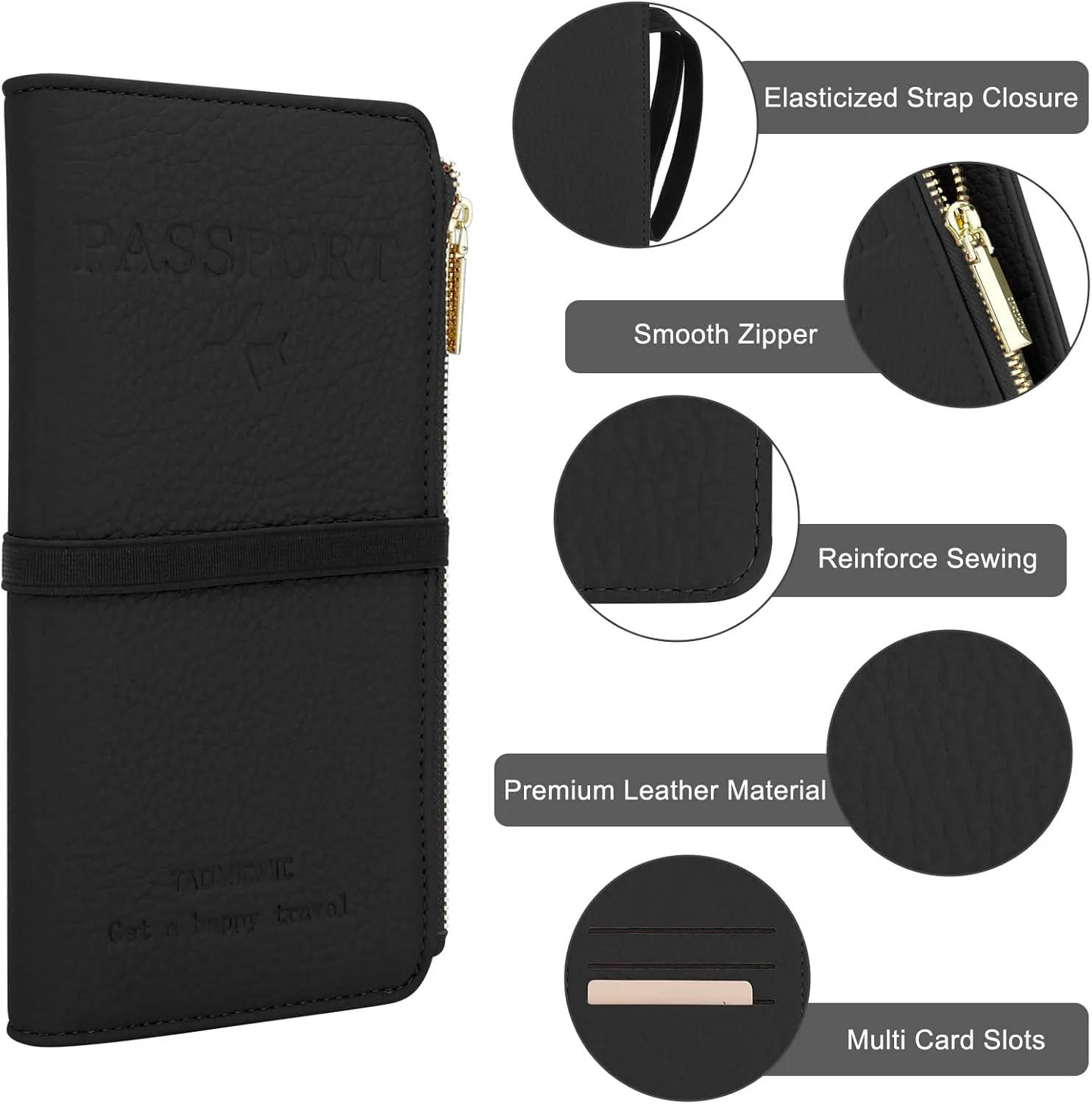 DOB SECHS Passport Holder for Travel Women Leather Passport Wallet RFID Blocking Passport Cover Case with Card Slots, Slim Travel Document Organizer Pouch Bag Zipper Cash Pocket Purse ID Window, Black