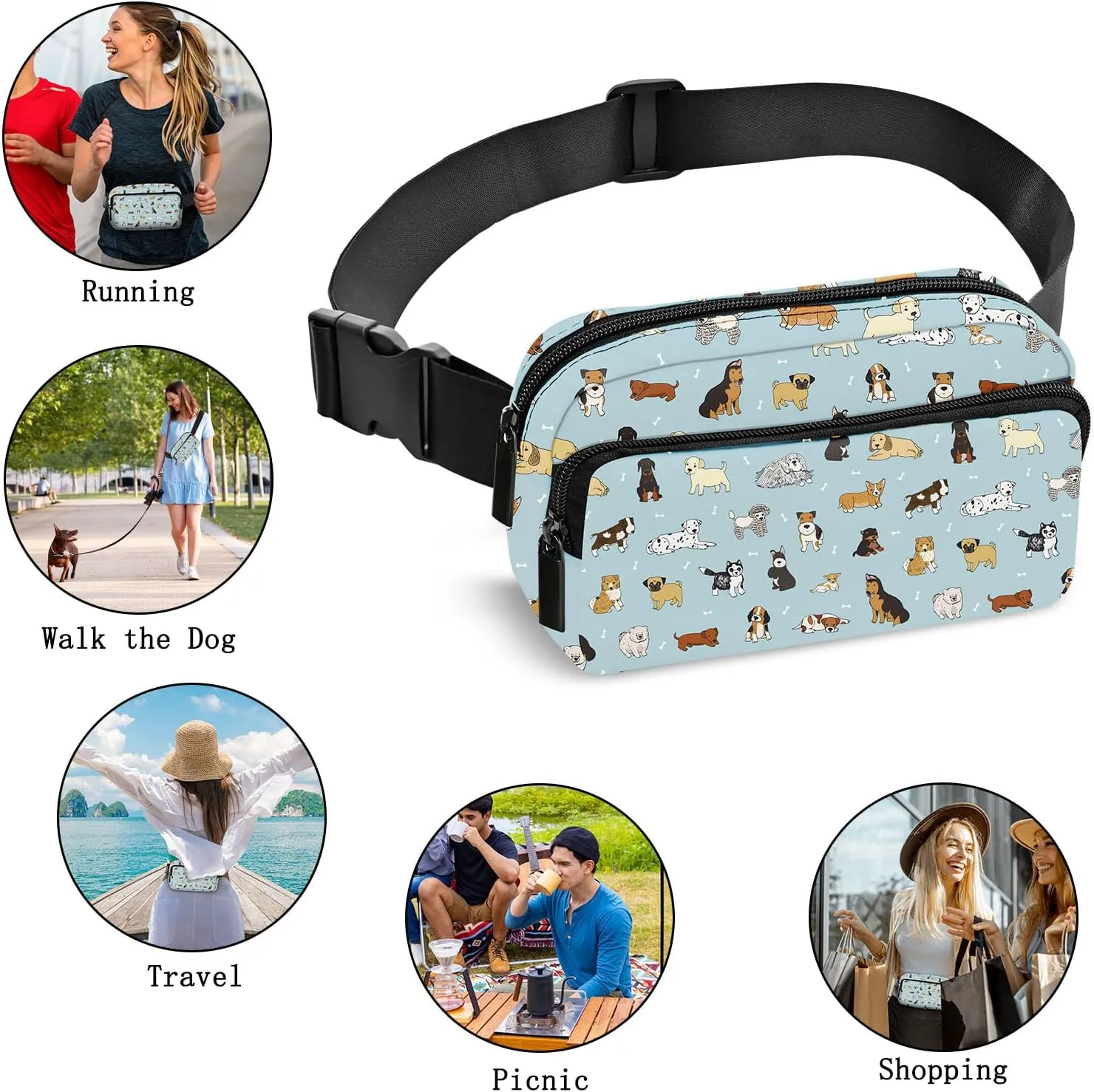 Dog Fanny Pack Women Belt Bag Fashion Waist Pack Easy for Store with Adjustable Strap Traveling Hiking Running Walking