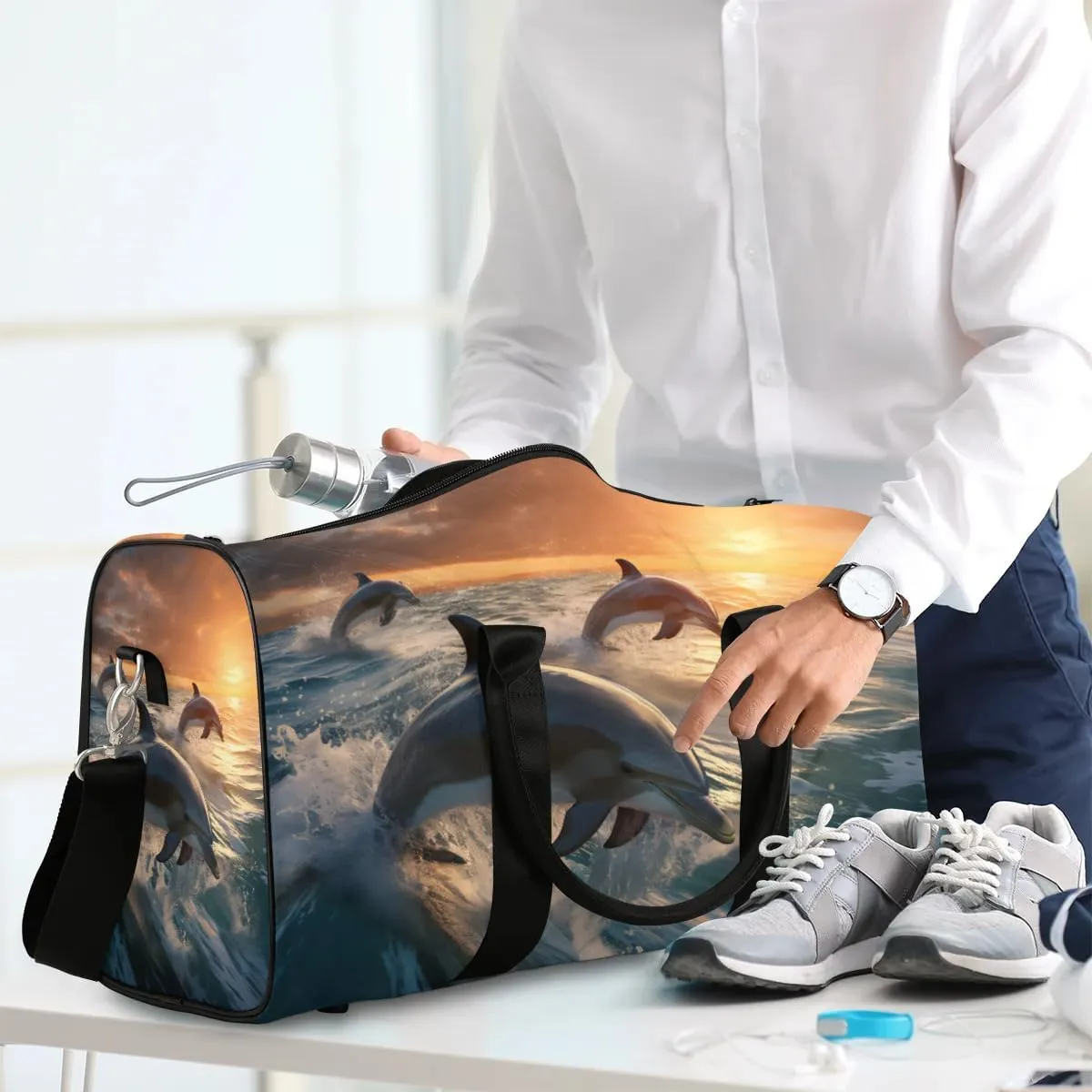 Dolphin Printing Travel Duffel Bag for Women Men Waterproof Foldable Overnight Weekender Bag Large Capacity Sports Gym Bag
