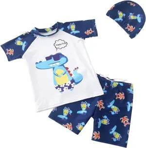 DOOVID Toddler Boy 3-Piece Swimwear Set Baby Boy Swimsuit with Hat UPF 50  Rash Guards Short Sleeve Bathing Suit for Boys