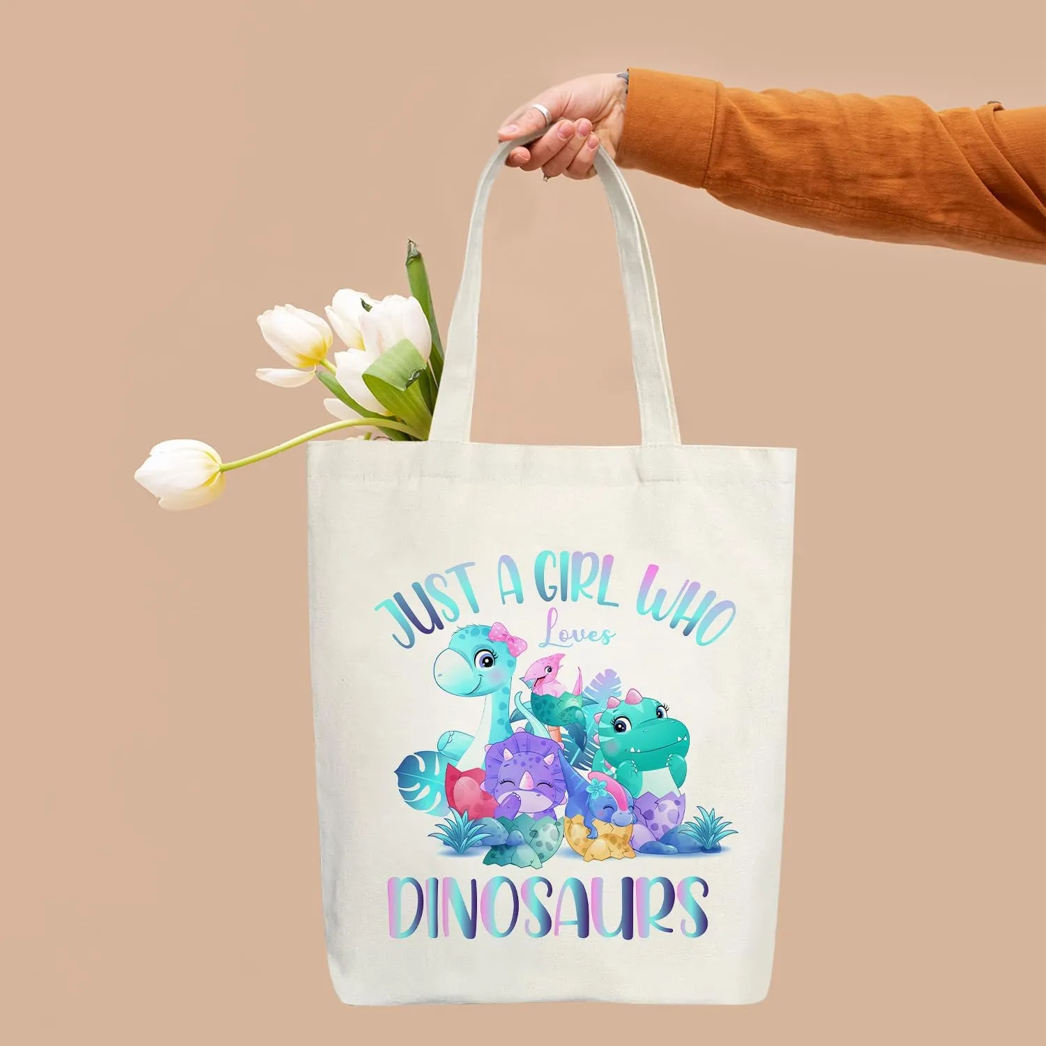 Doreen's Boutique Dinosaur Tote Bag for Women, Teens, Daughters - Canvas Shopping Reusable Grocery Beach Shoulder Bag /A13