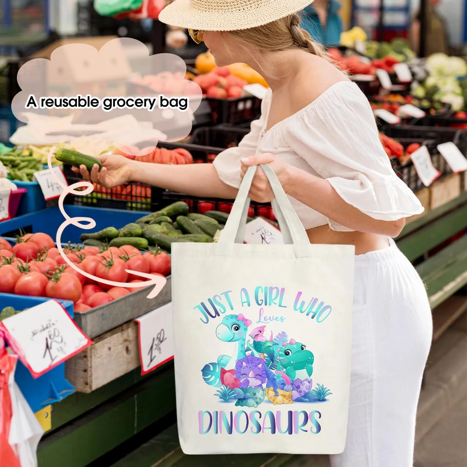 Doreen's Boutique Dinosaur Tote Bag for Women, Teens, Daughters - Canvas Shopping Reusable Grocery Beach Shoulder Bag /A13