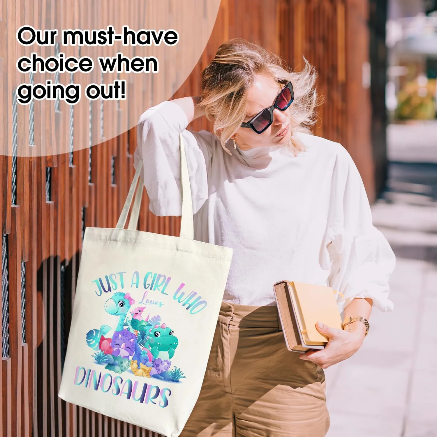 Doreen's Boutique Dinosaur Tote Bag for Women, Teens, Daughters - Canvas Shopping Reusable Grocery Beach Shoulder Bag /A13