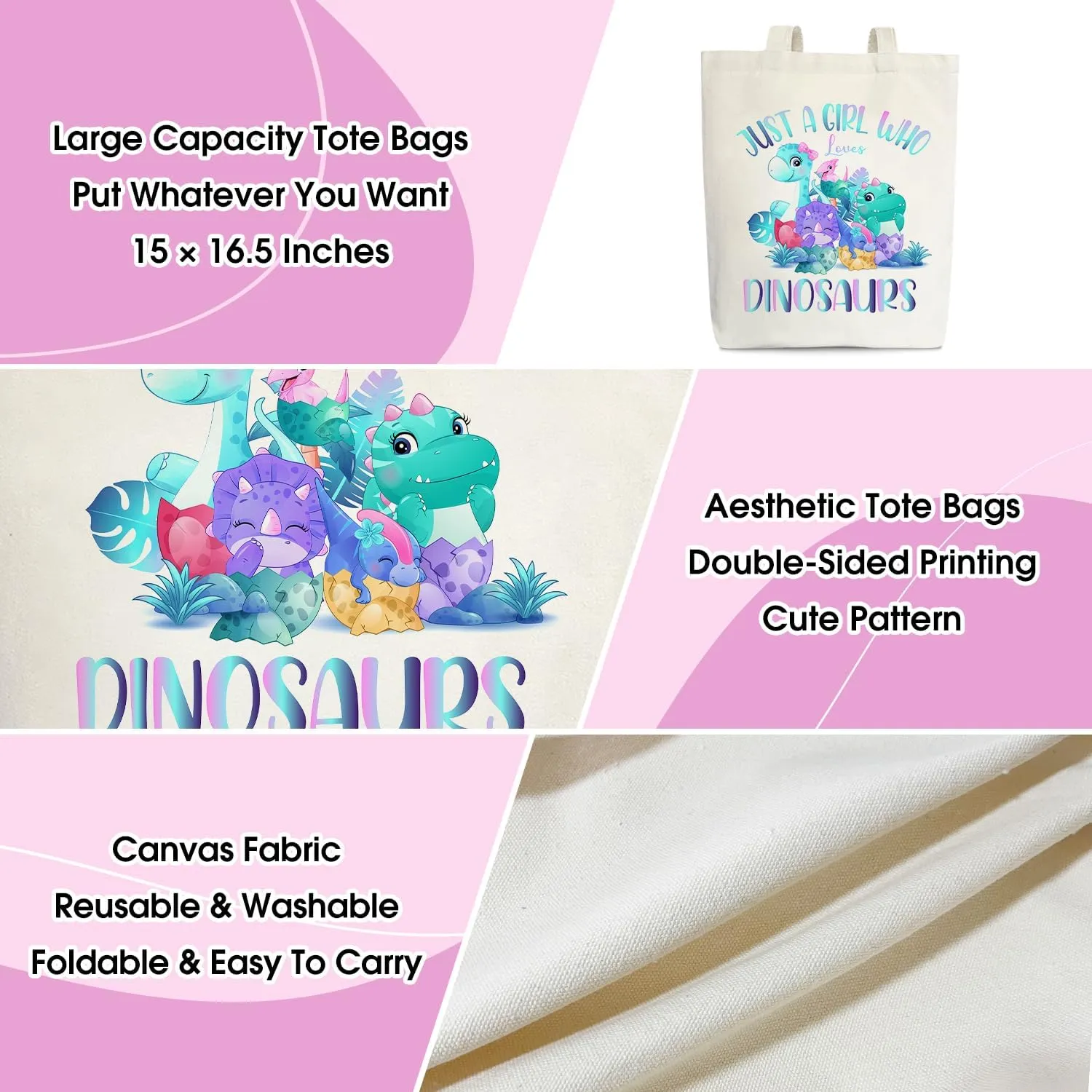 Doreen's Boutique Dinosaur Tote Bag for Women, Teens, Daughters - Canvas Shopping Reusable Grocery Beach Shoulder Bag /A13