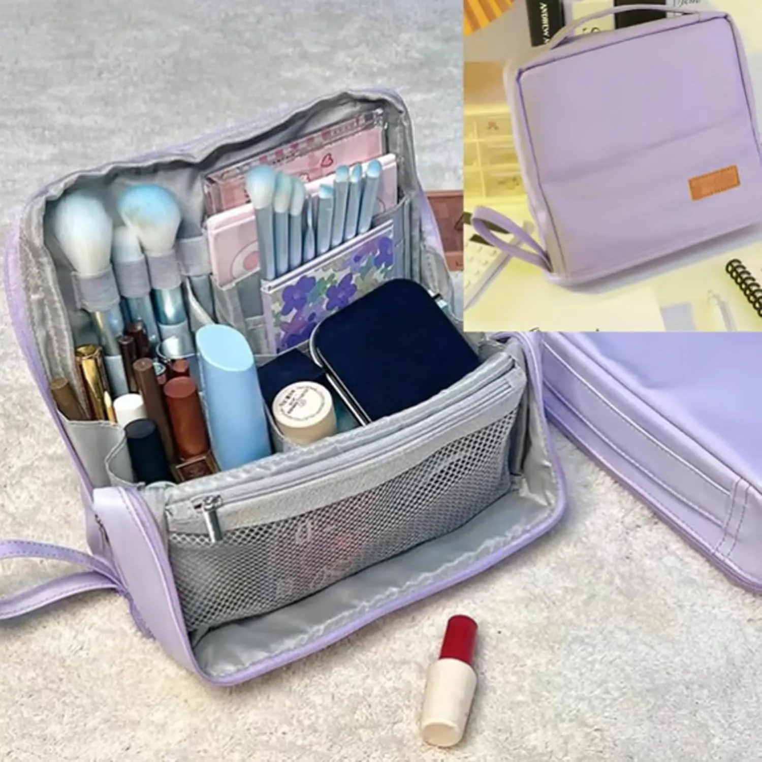 Doresty Makeup Bag, Standing Makeup Bag Portable, Large Capacity, Wideous Stand Up Make Up Bag for Travel, Multi-Purpose Oxford Cloth Make Up Bag (Pink-leather)
