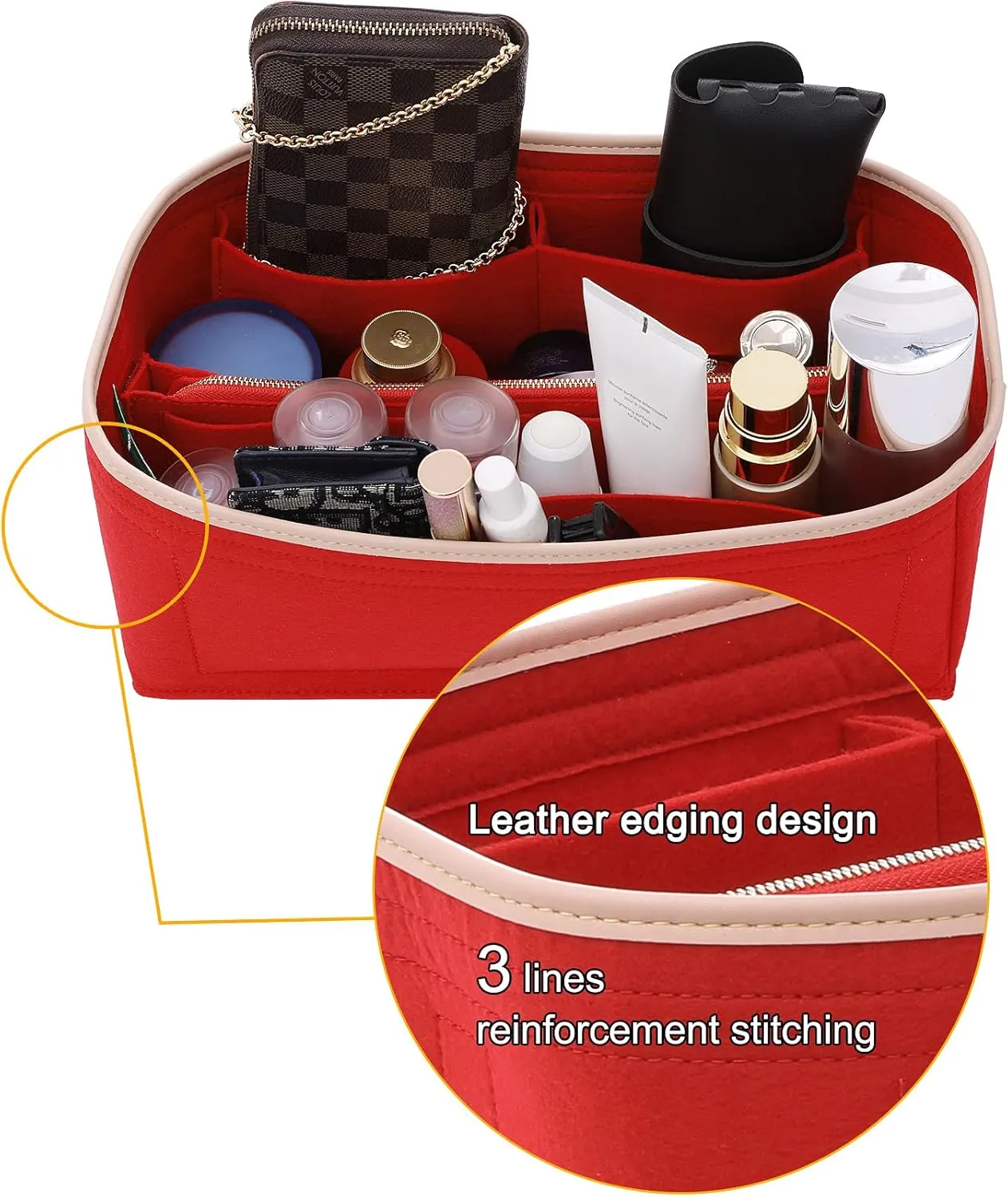 Doxo Purse Organizer Insert & Base Shaper 2pc Set, Felt Handbag Bag For LV Speedy 35 40 Neverfull ONTHEGO GM (XL-Red)