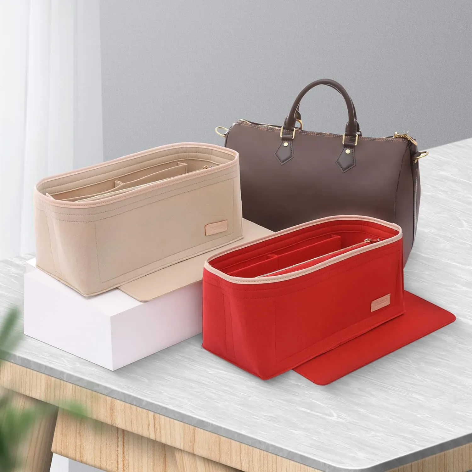 Doxo Purse Organizer Insert & Base Shaper 2pc Set, Felt Handbag Bag For LV Speedy 35 40 Neverfull ONTHEGO GM (XL-Red)