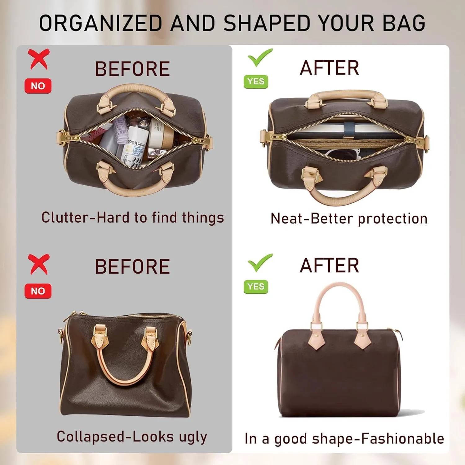 Doxo Purse Organizer Insert & Base Shaper 2pc Set, Felt Handbag Bag For LV Speedy 35 40 Neverfull ONTHEGO GM (XL-Red)