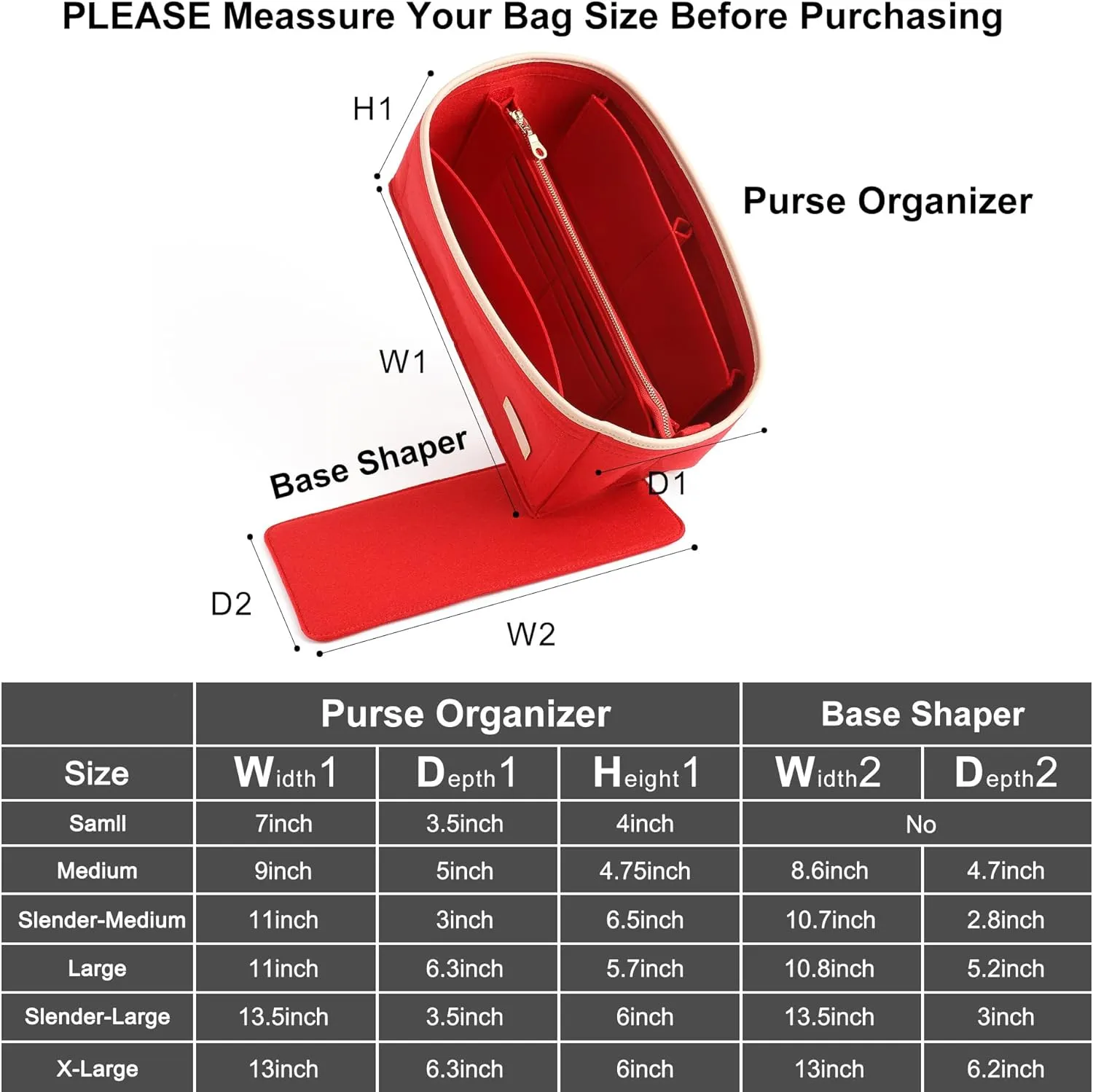 Doxo Purse Organizer Insert & Base Shaper 2pc Set, Felt Handbag Bag For LV Speedy 35 40 Neverfull ONTHEGO GM (XL-Red)
