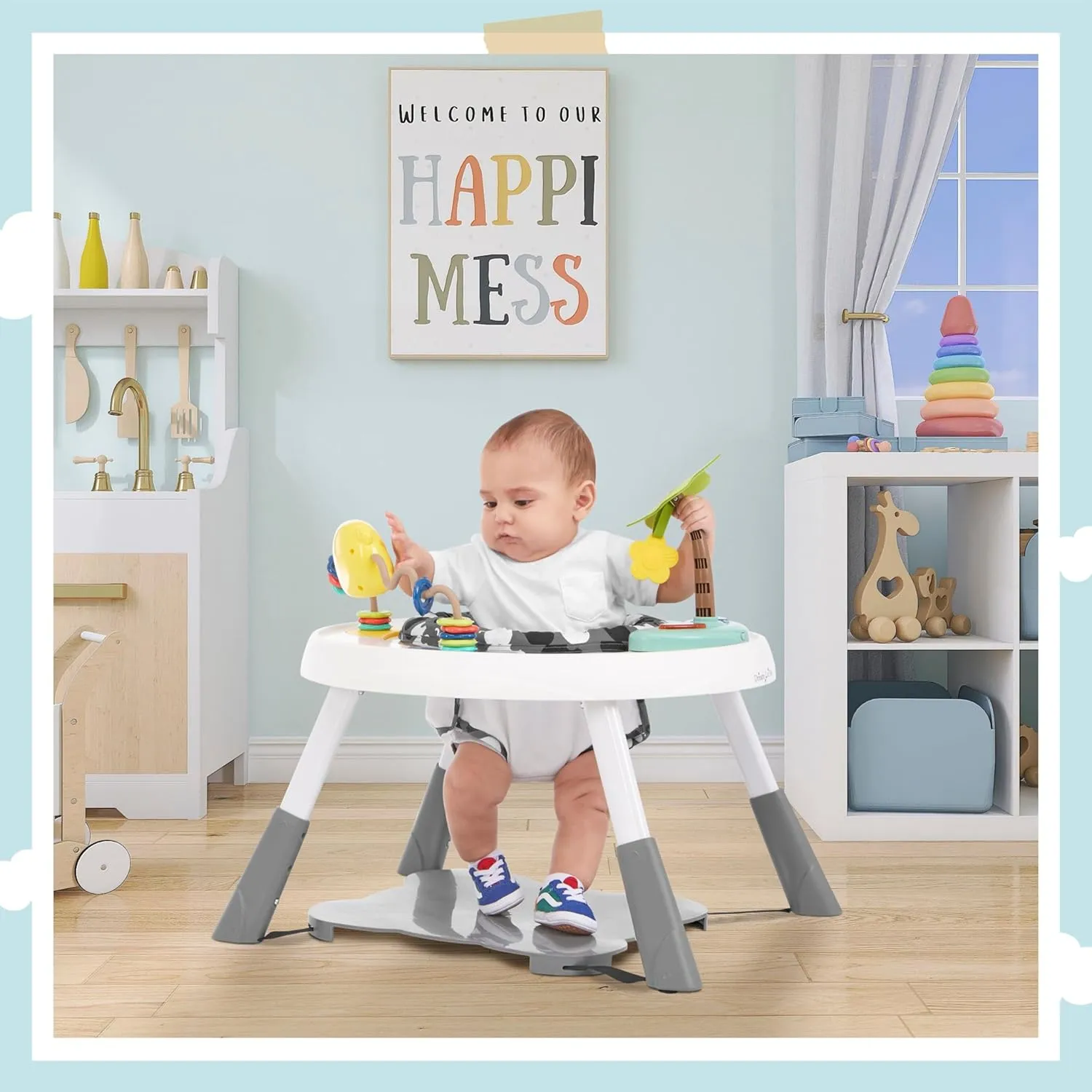 Dream On Me Curio Sit N Seek Baby Activity Center in Grey, 2 in 1 Activity Center and Play Table with 3 Detachable Toys and Music, 3 Level Height Adjustable Positions Activity Center for Baby